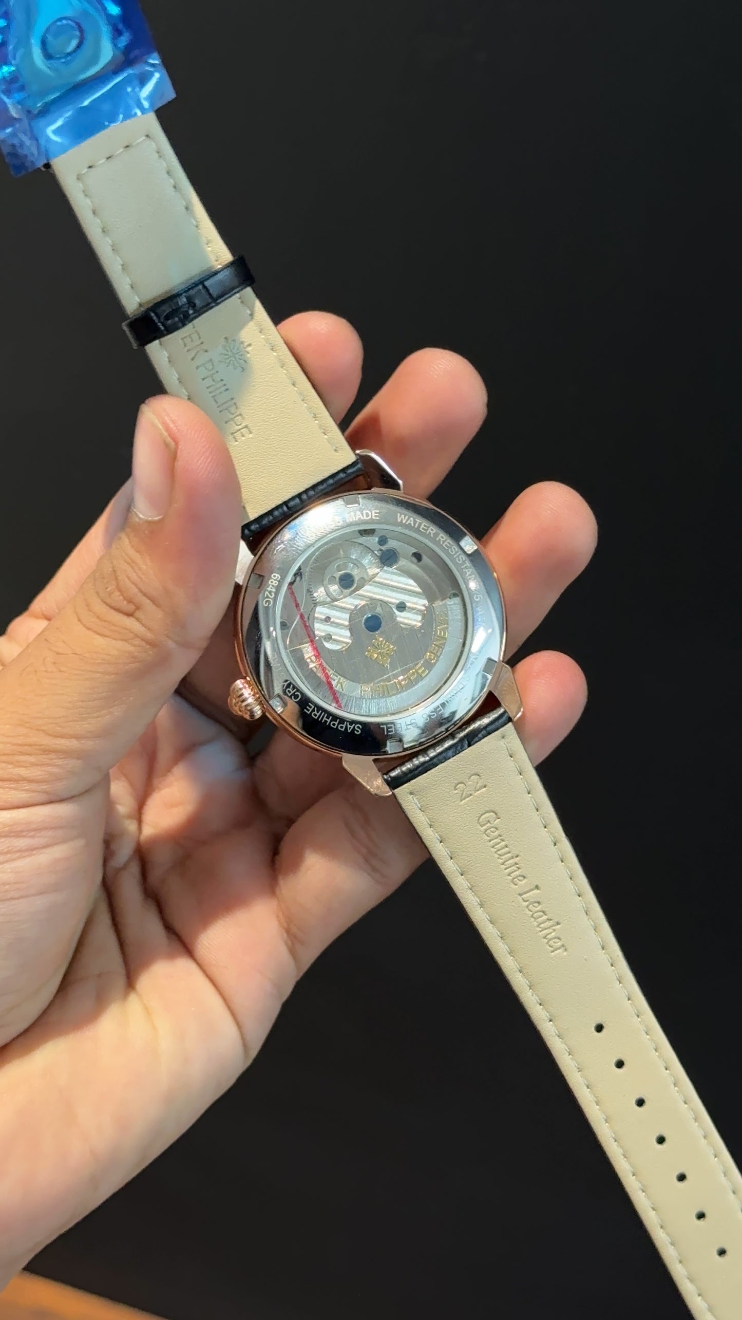 PP Auto | Rose | Pendulum | Moonphase | Black Leather Strap | Black Textured Dial