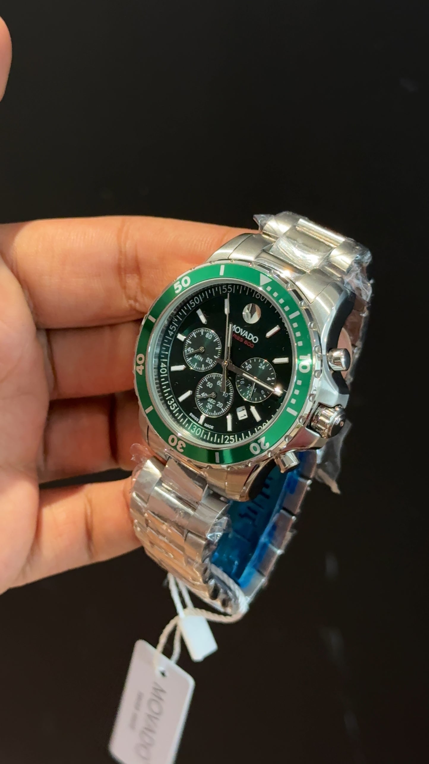 Movado | Silver Chain | Green Bezel | Chrono | Green Dial