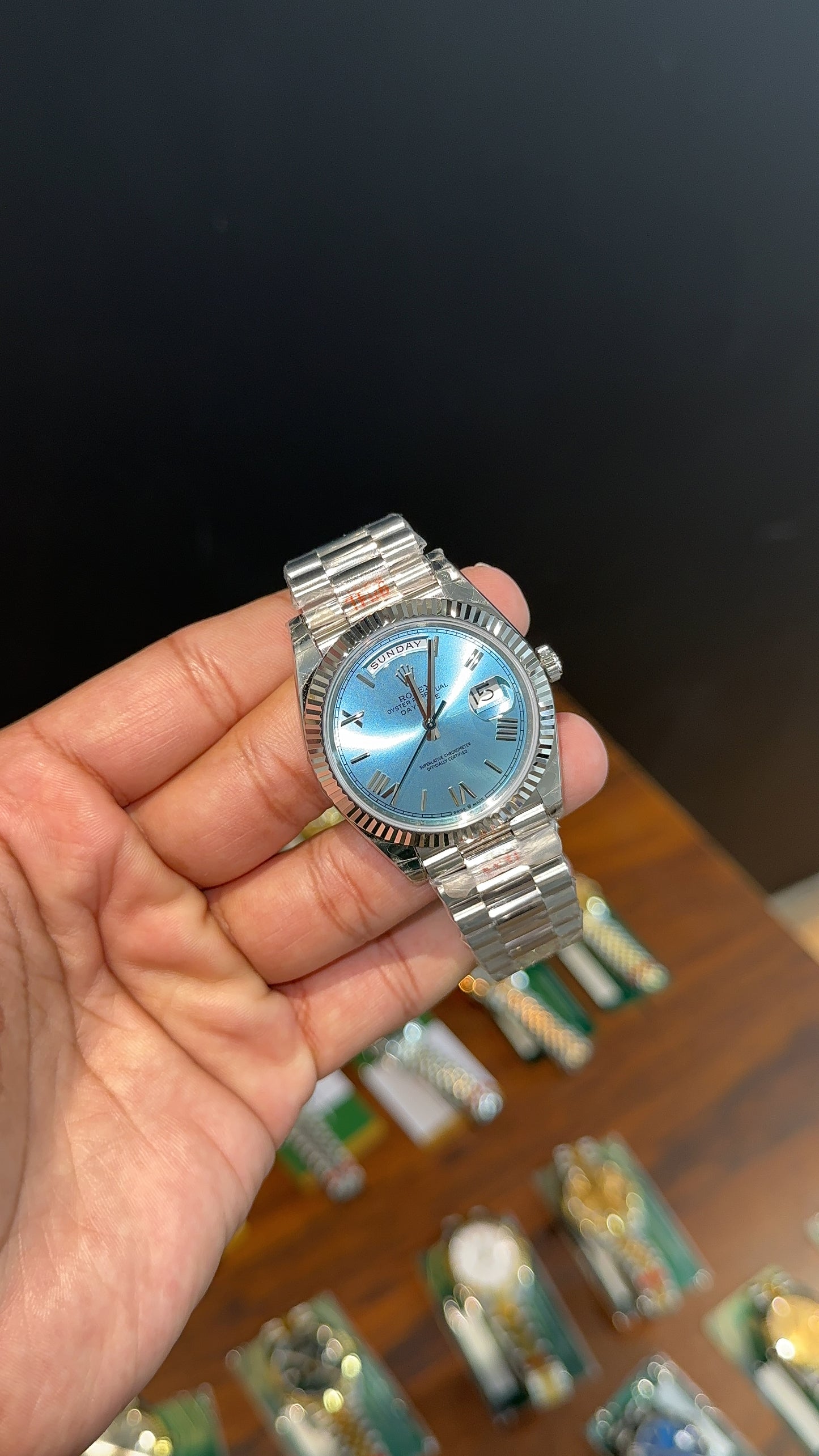 Premium Daydate | 40mm | Silver Chain | Sky Blue Roman Dial