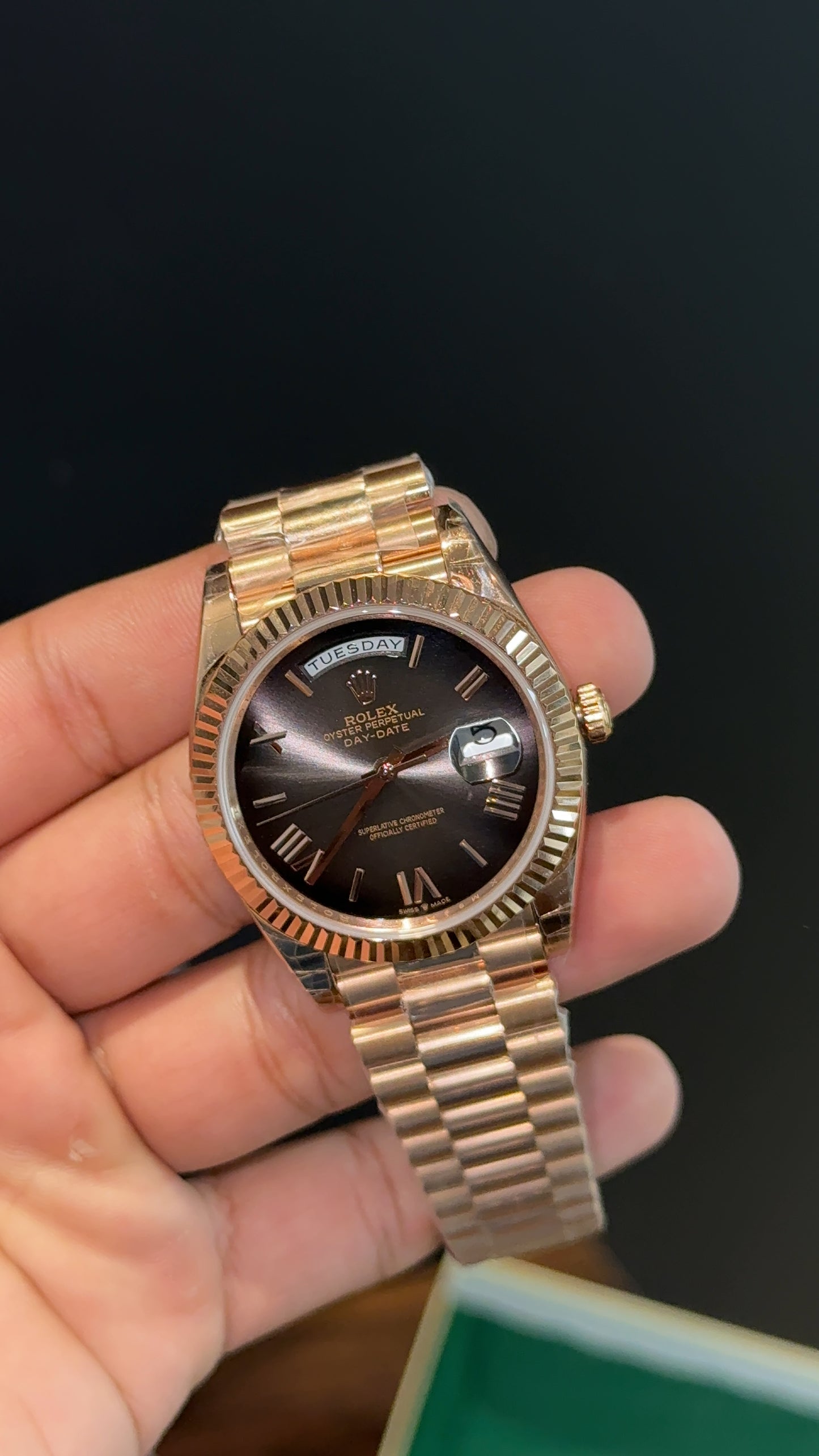 Premium Daydate | 40mm | Rose Chain | Smokey Black Dial