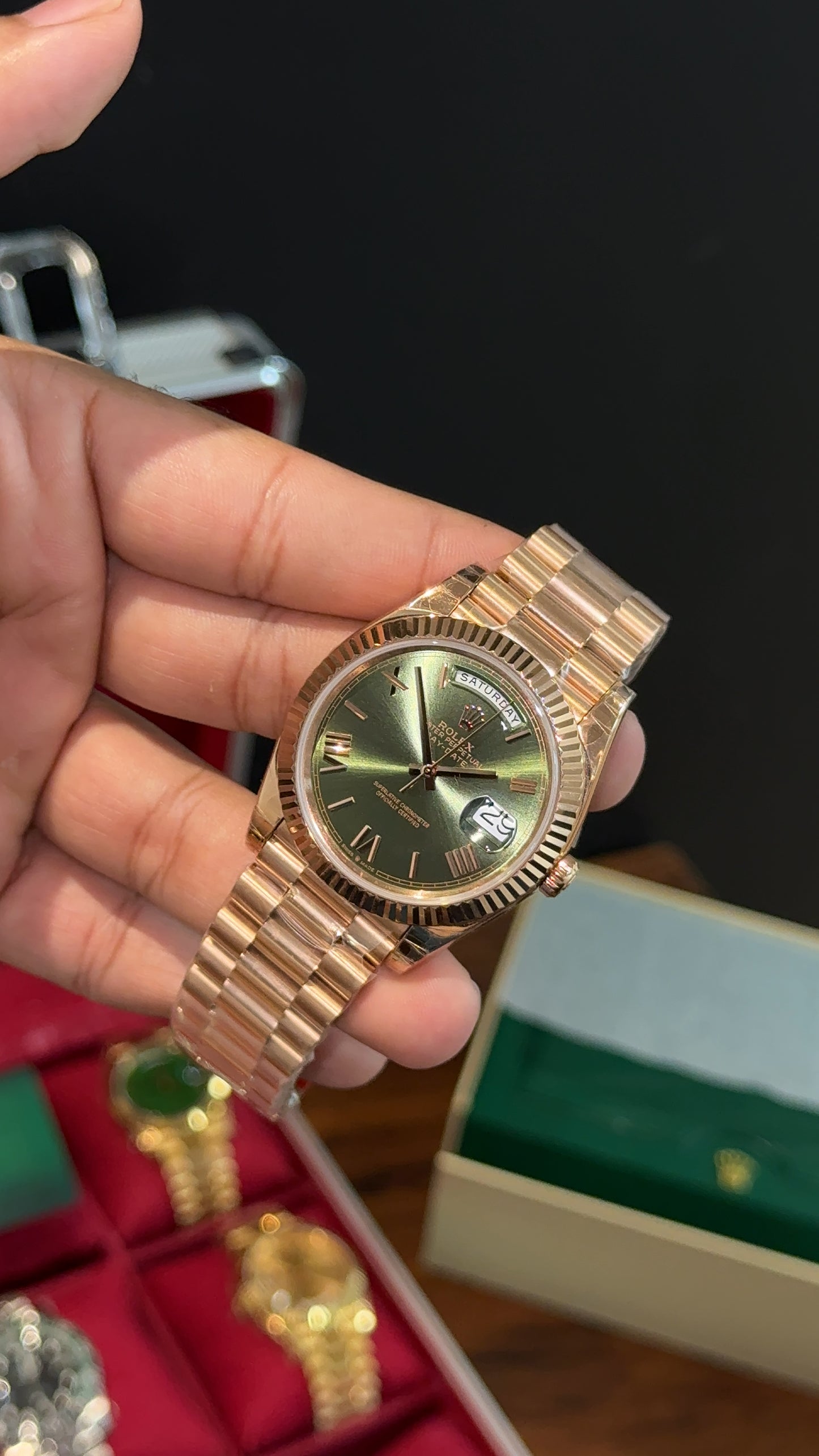 Premium Daydate | 40mm | Rose Chain | Olive Green Dial