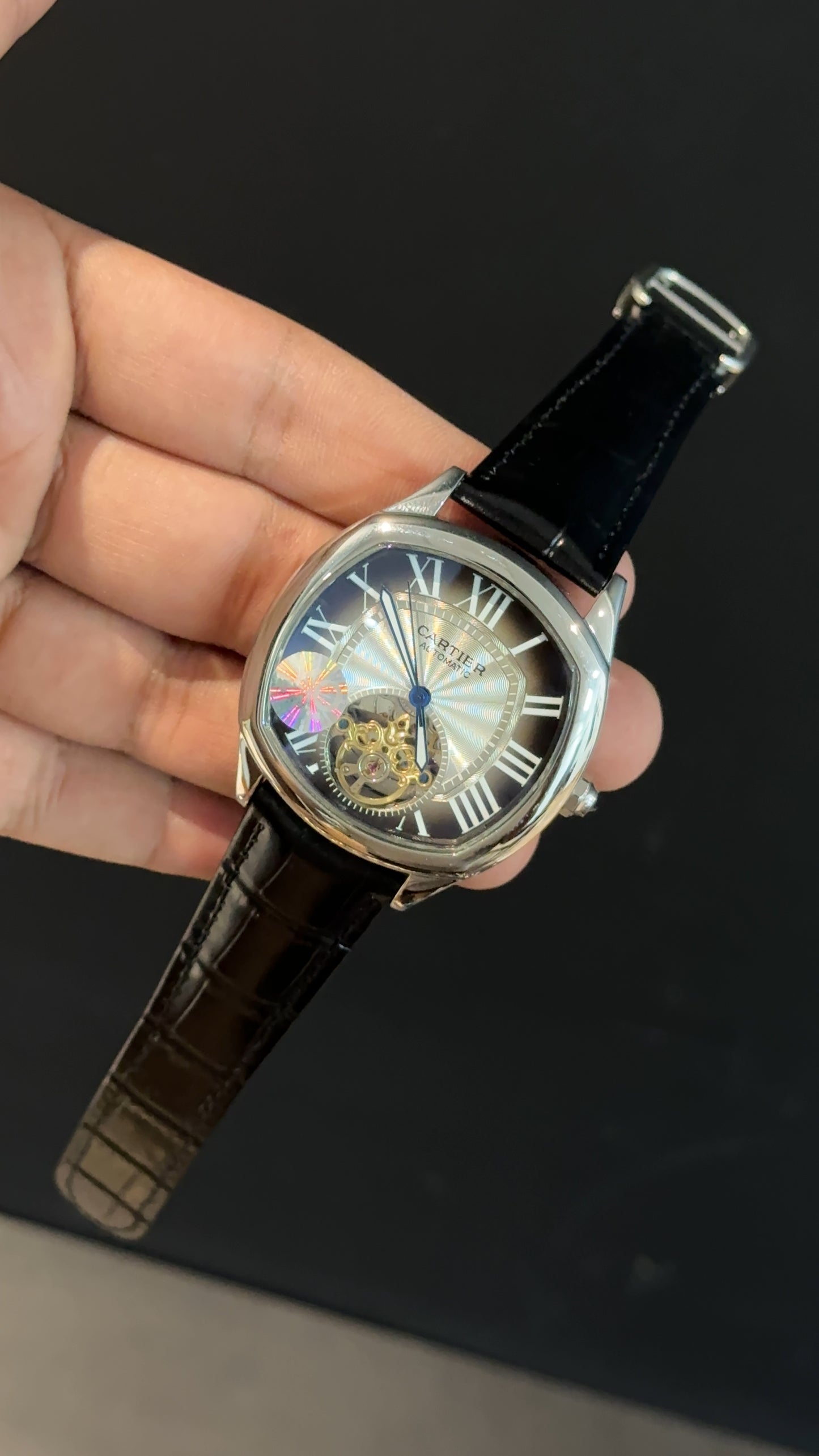 Cartier | Silver Square Bezel | Pendulum | Black Strap | Shady White Index Dial