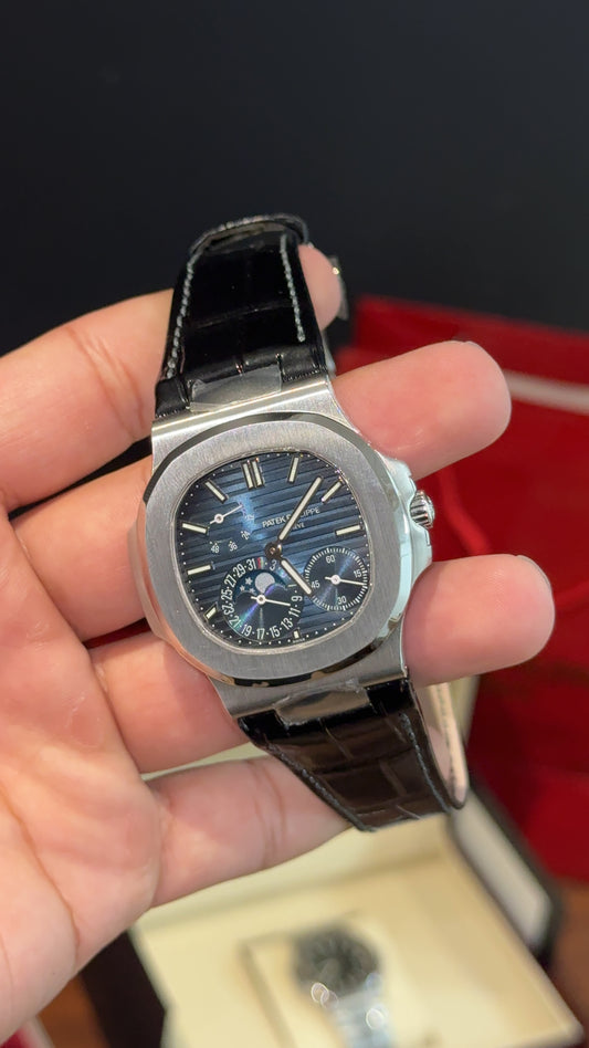 Premium Patek | Black Leather Strap | Chrono | Blue Dial