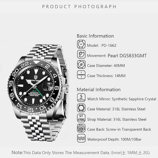 Pagani Design PD-1662 GMT Silver Black 40MM Men's Automatic
