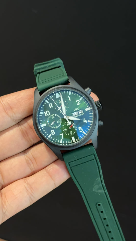 IWC | Green Rubber Strap | Black Case | Chrono | Greenish Dial