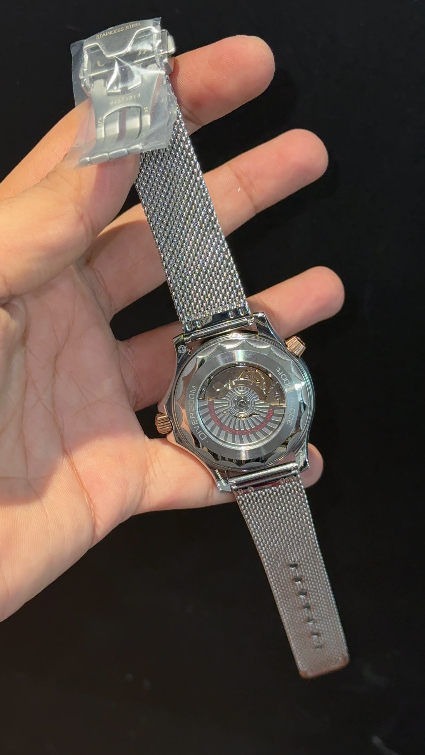 Omega Seamaster Diver | Silver Milanese Chain | Rose Black Dial