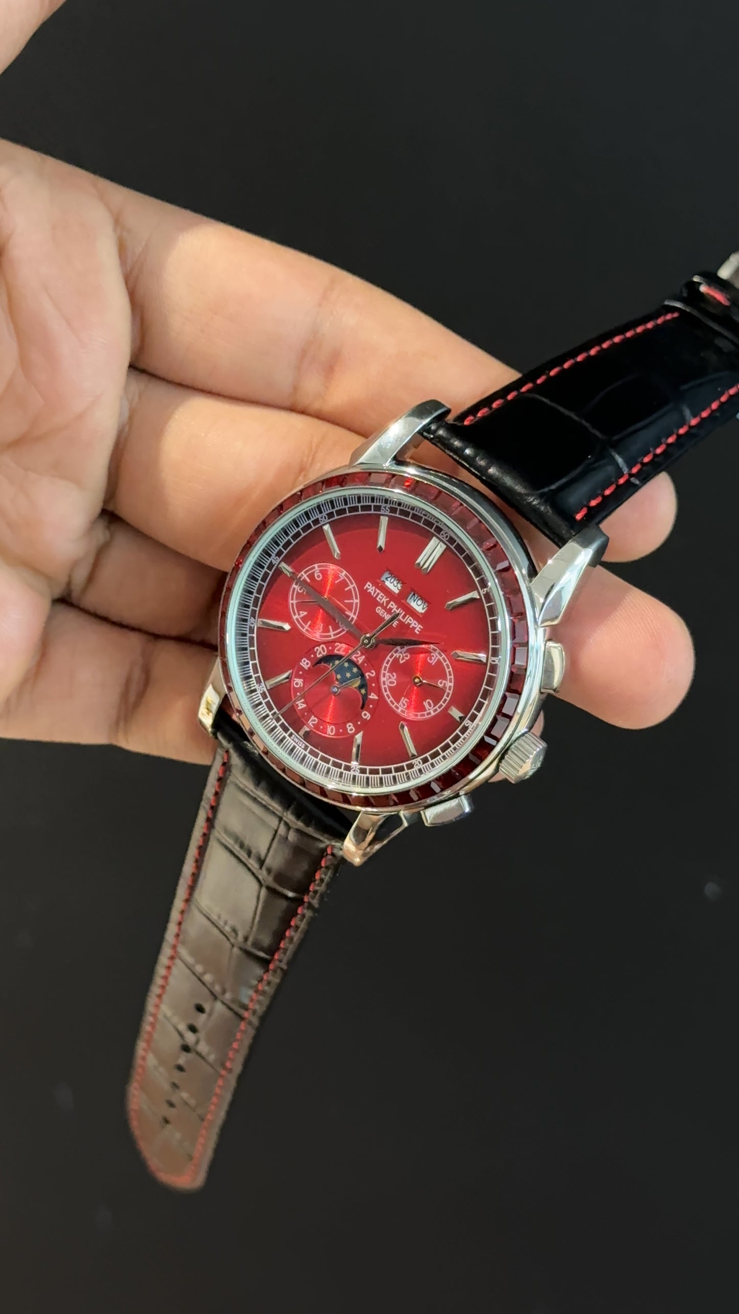 Patek Century | Auto | Silver | Red Diamond Bezel | Black Leather Strap | Red Index Dial