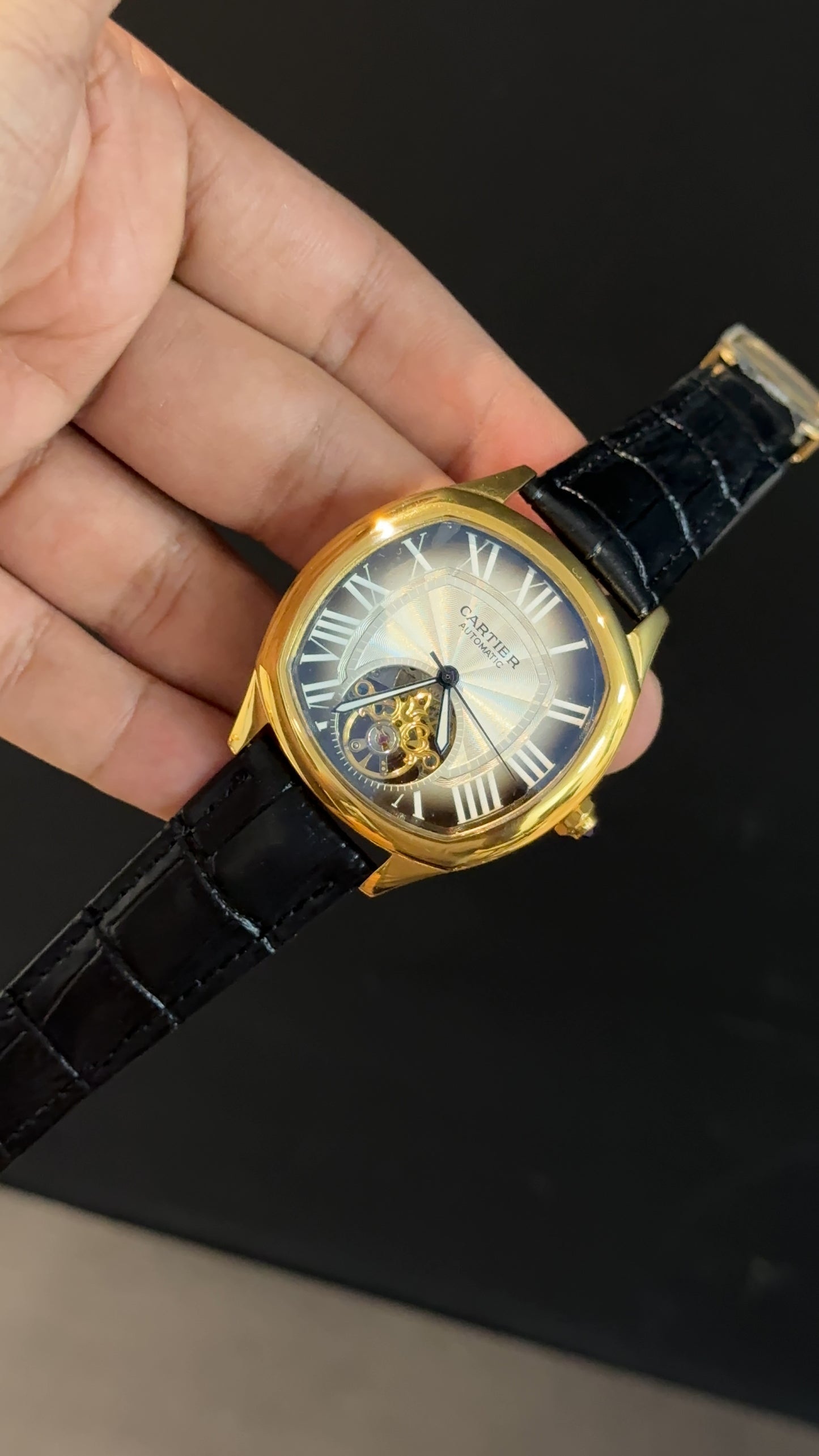 Cartier | Gold Square Bezel | Pendulum | Black Strap | Shady White Black Dial