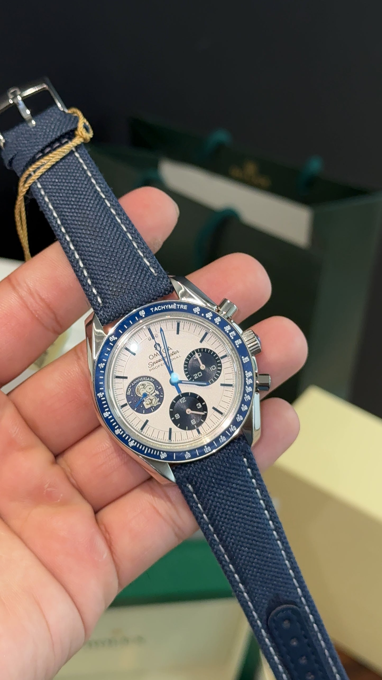 Premium Omega | Snoopy | Blue Fabric Strap | Chrono | White lDial