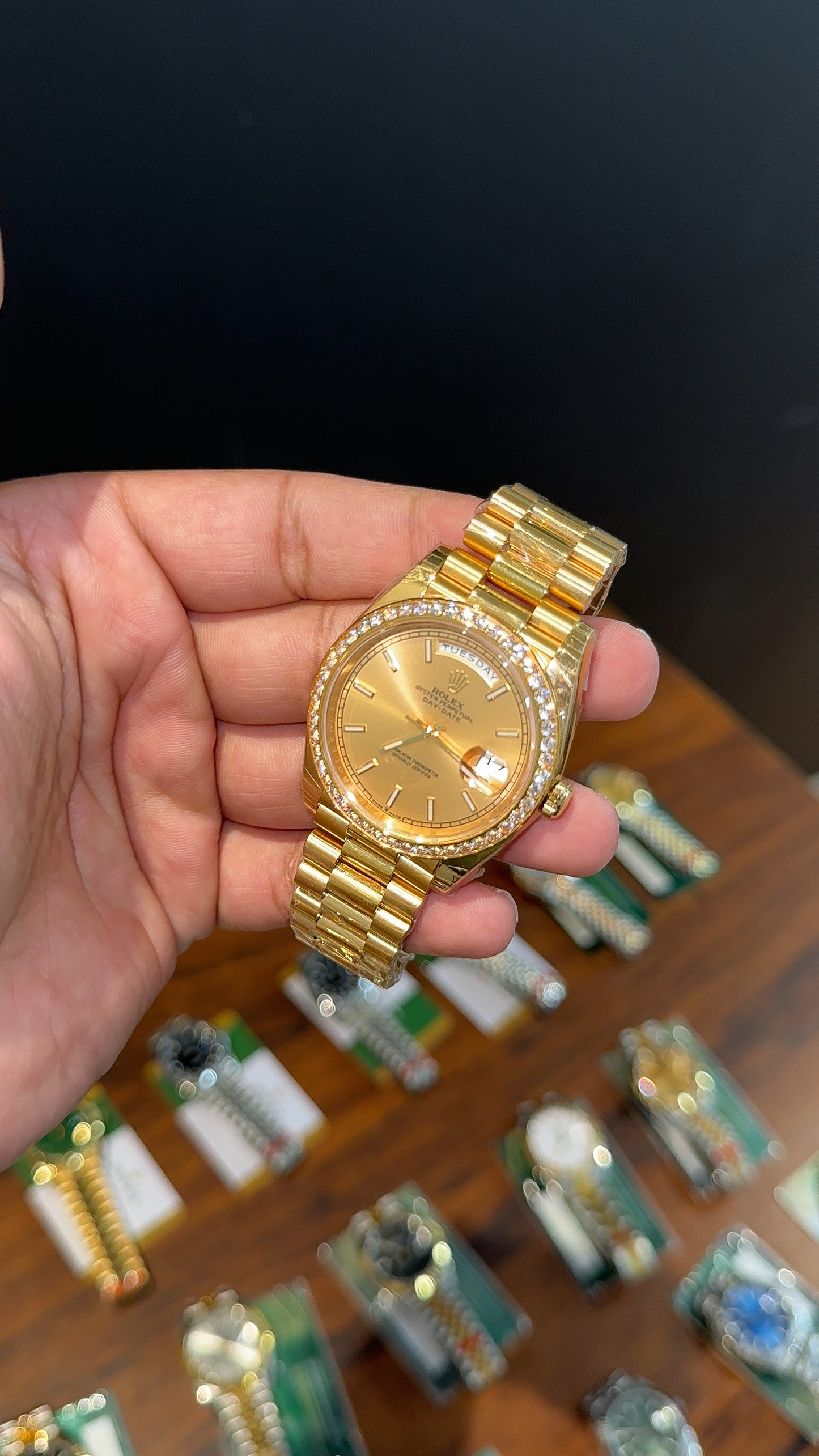 Premium Daydate | 40mm | Diamond Bezel | Gold Chain | Gold Dial