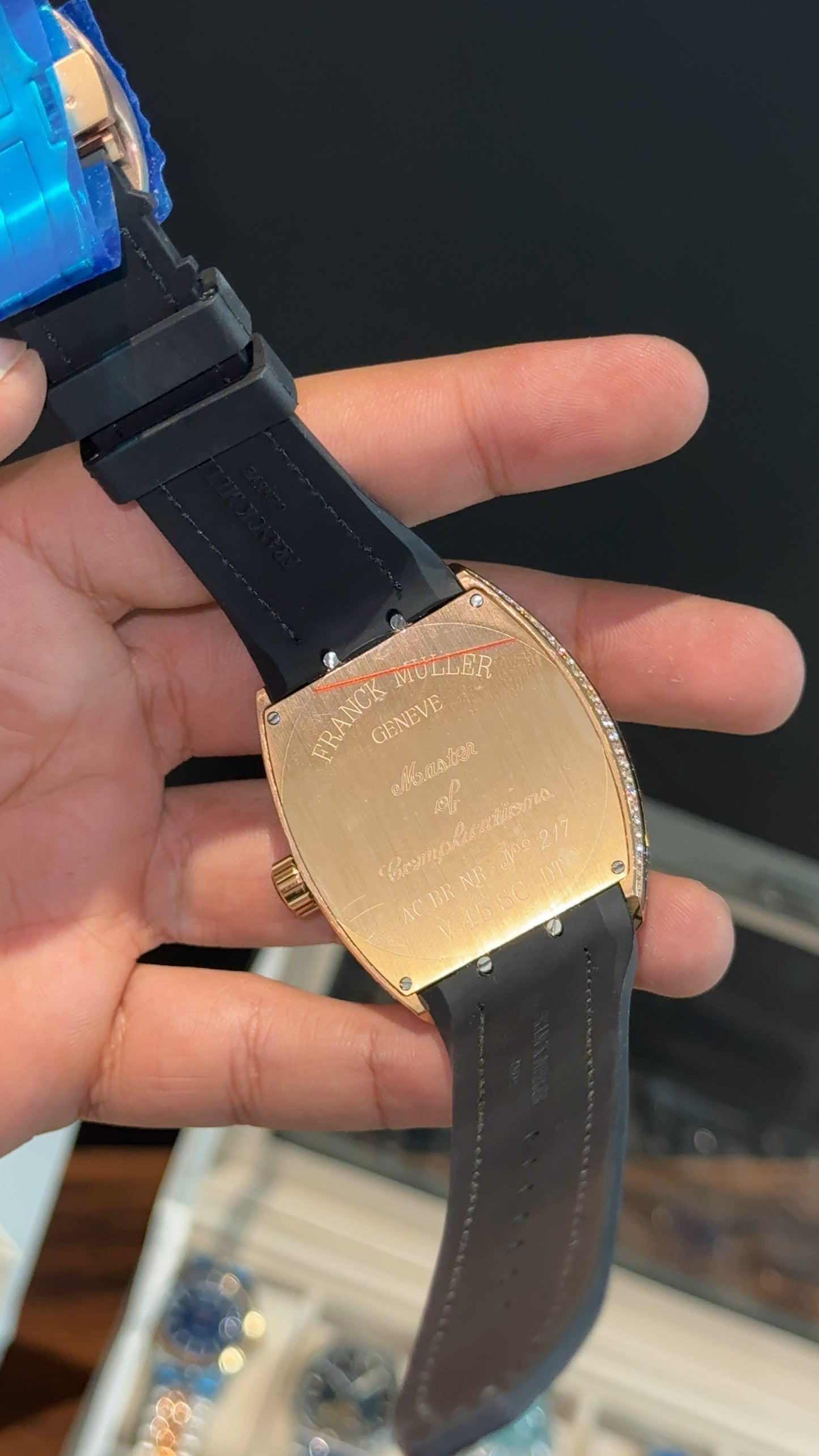 Premium Franck Muller | Vanguard Edition | Rose Diamond Case | Black Leather Strap | Rose Pearl Dial