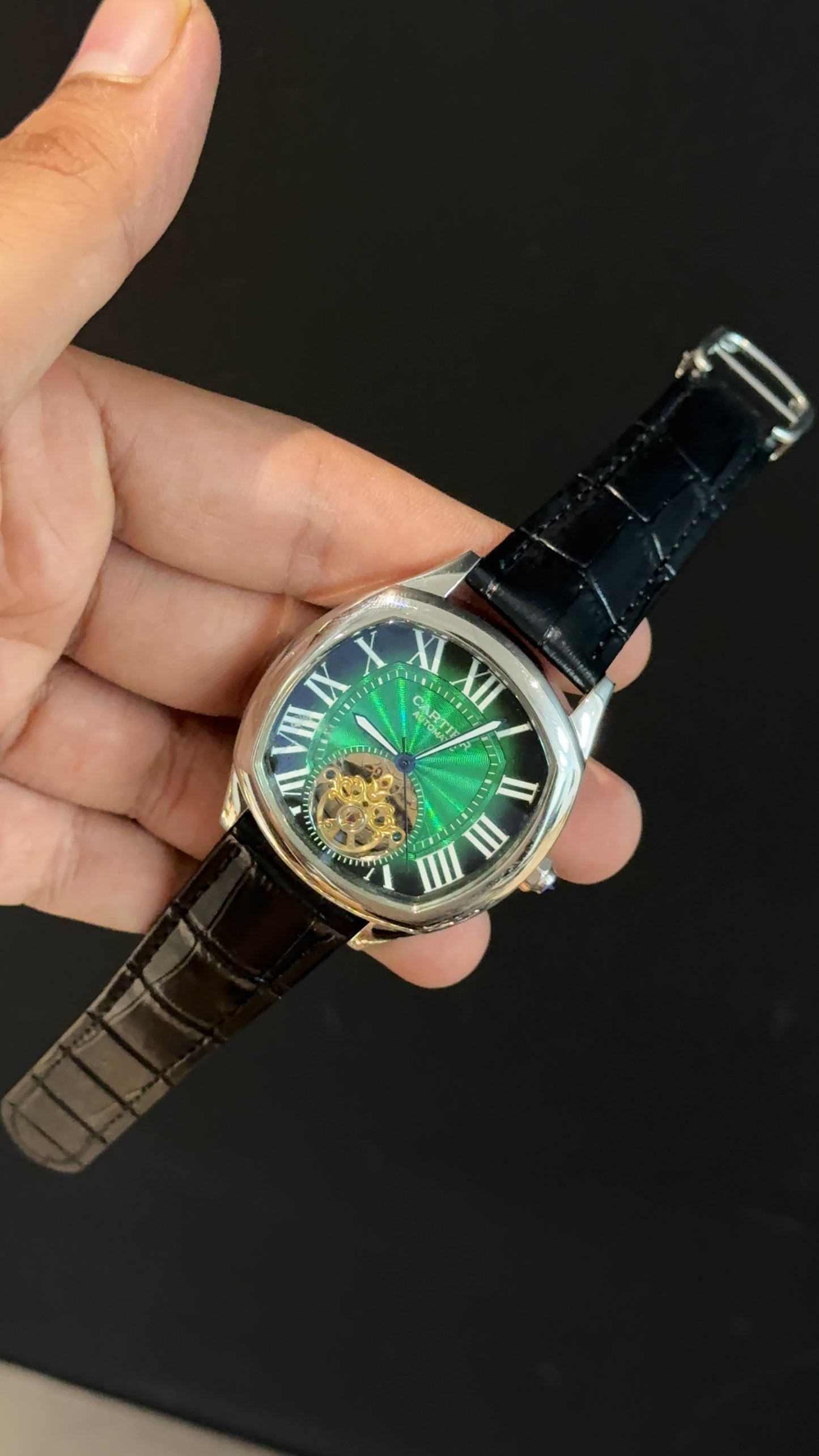 Cartier | Silver Square Bezel | Pendulum | Black Strap | Greenish Index Dial