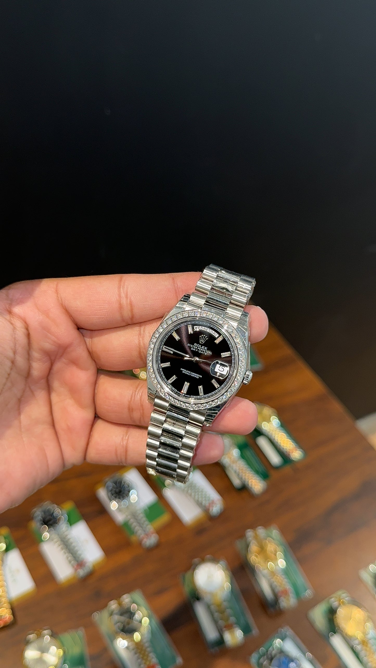 Premium Daydate | 40mm | Diamond Bezel | Silver Chain | Black Dial