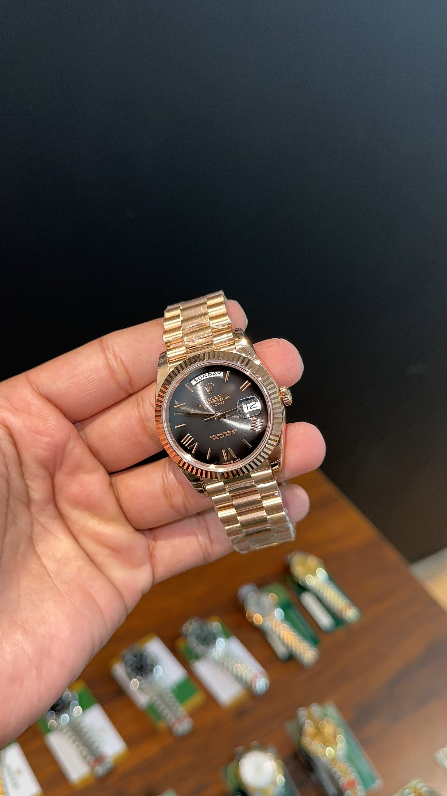 Premium Daydate | 40mm | Rose Chain | New Smoked Black Dial