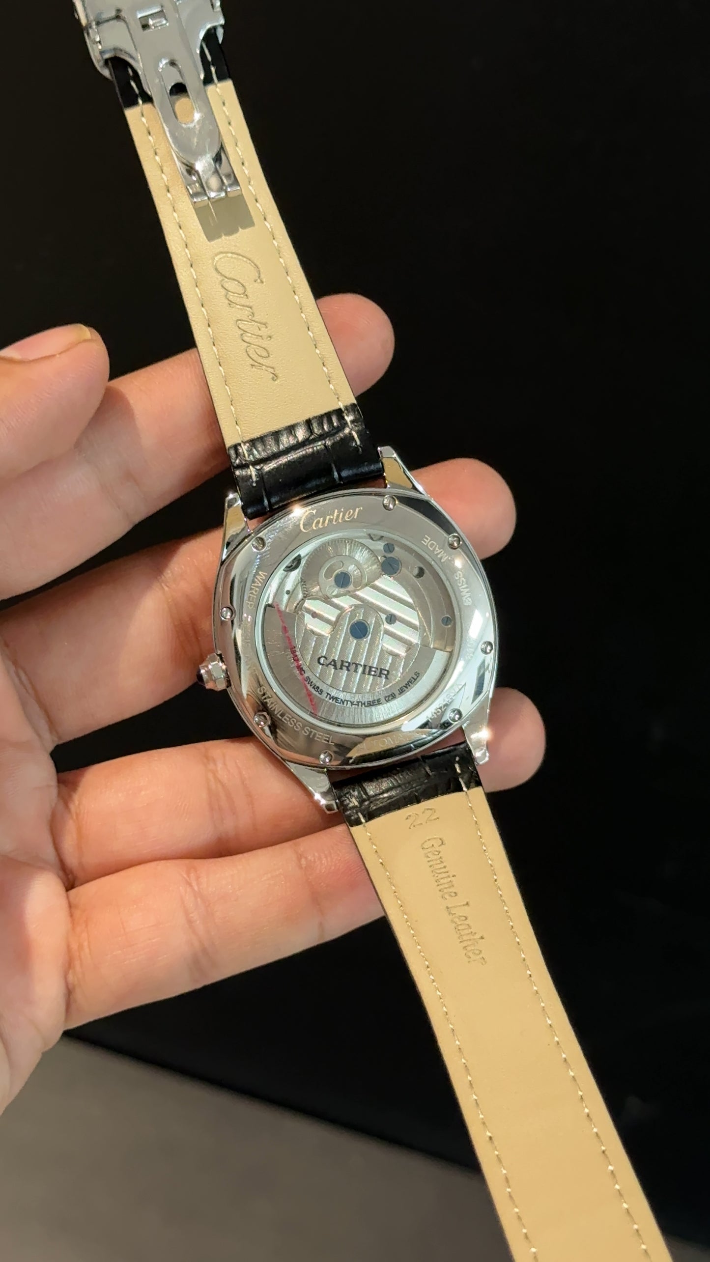 Cartier | Silver Square Bezel | Pendulum | Black Strap | Black Index Dial