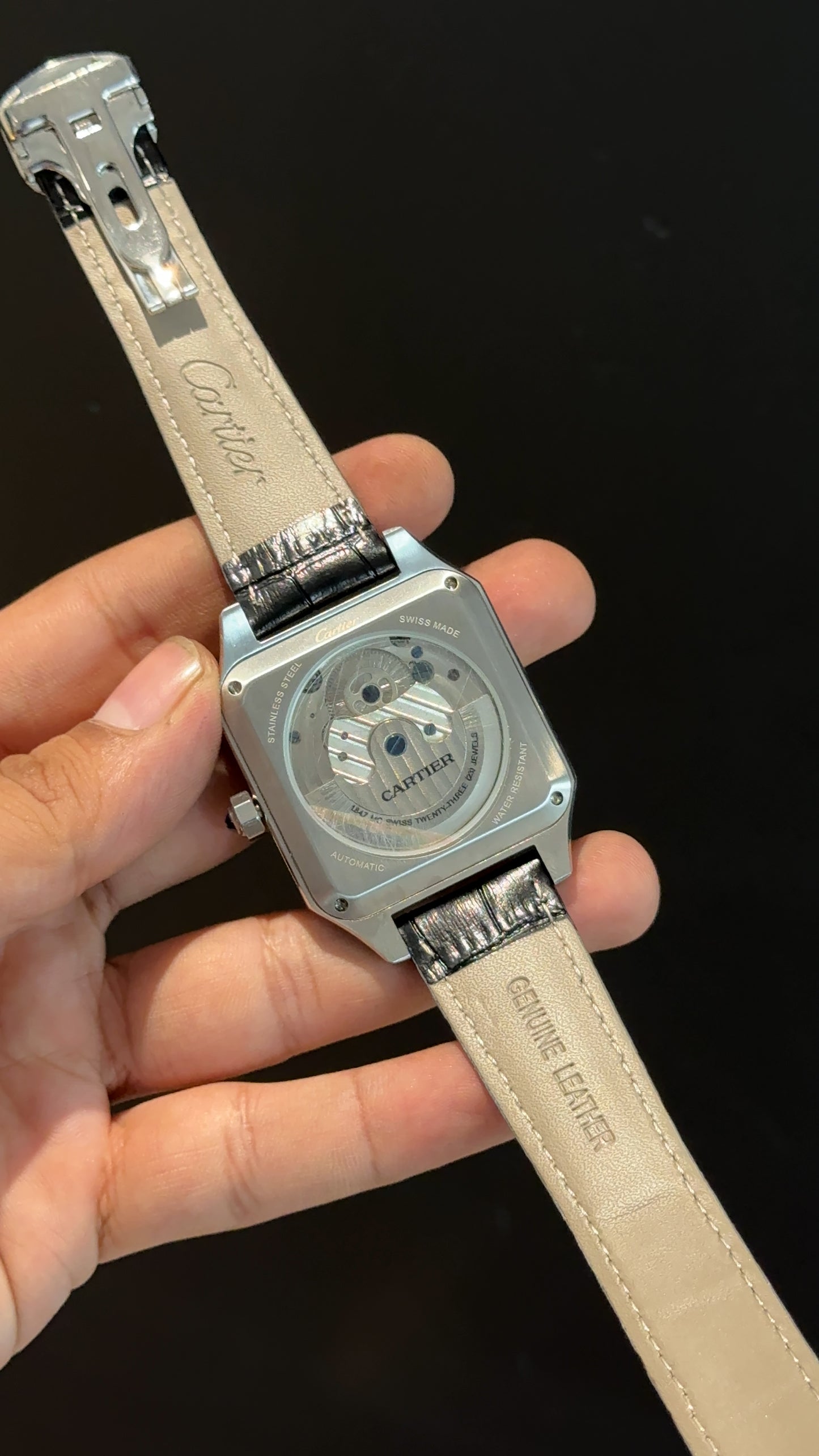Cartier | Silver | Skeleton | Square Shape Case | Moonphase | Black Leather Strap | Grey Dial