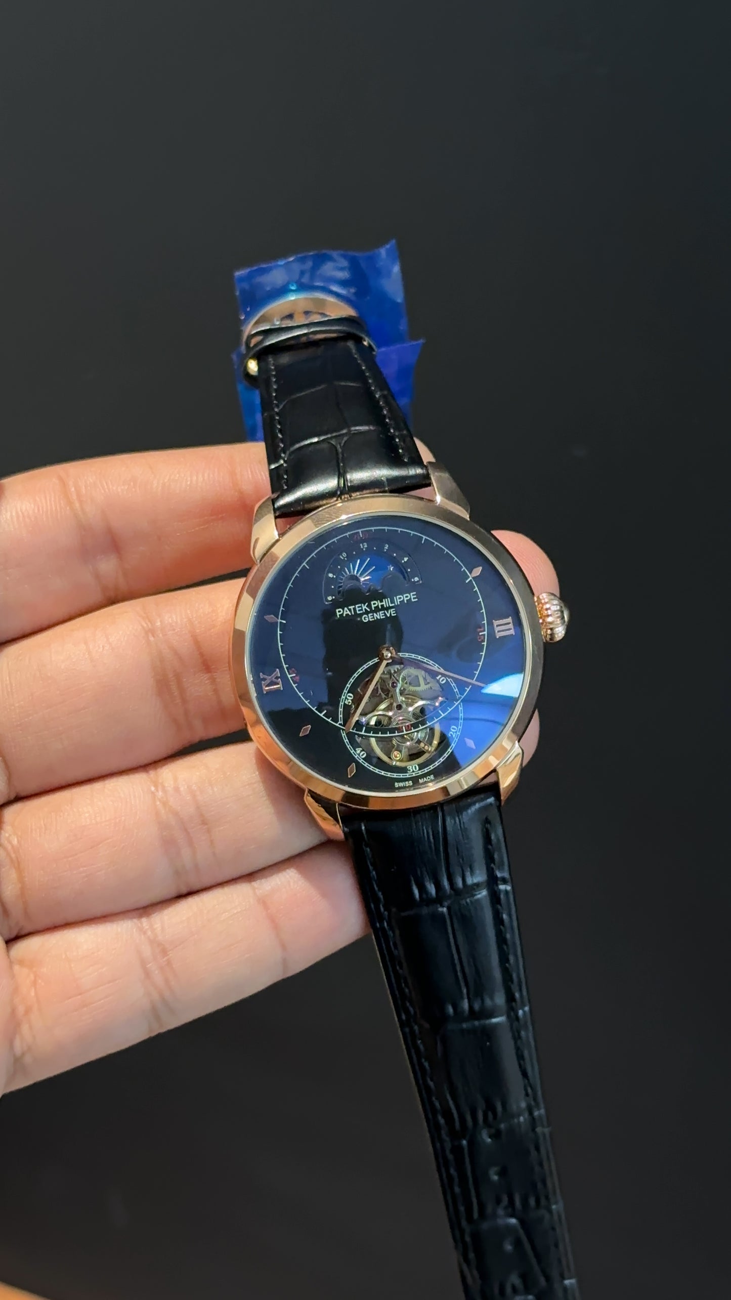 PP Auto | Rose | Pendulum | MoonPhase | Black Leather Strap | Black Textured Dial