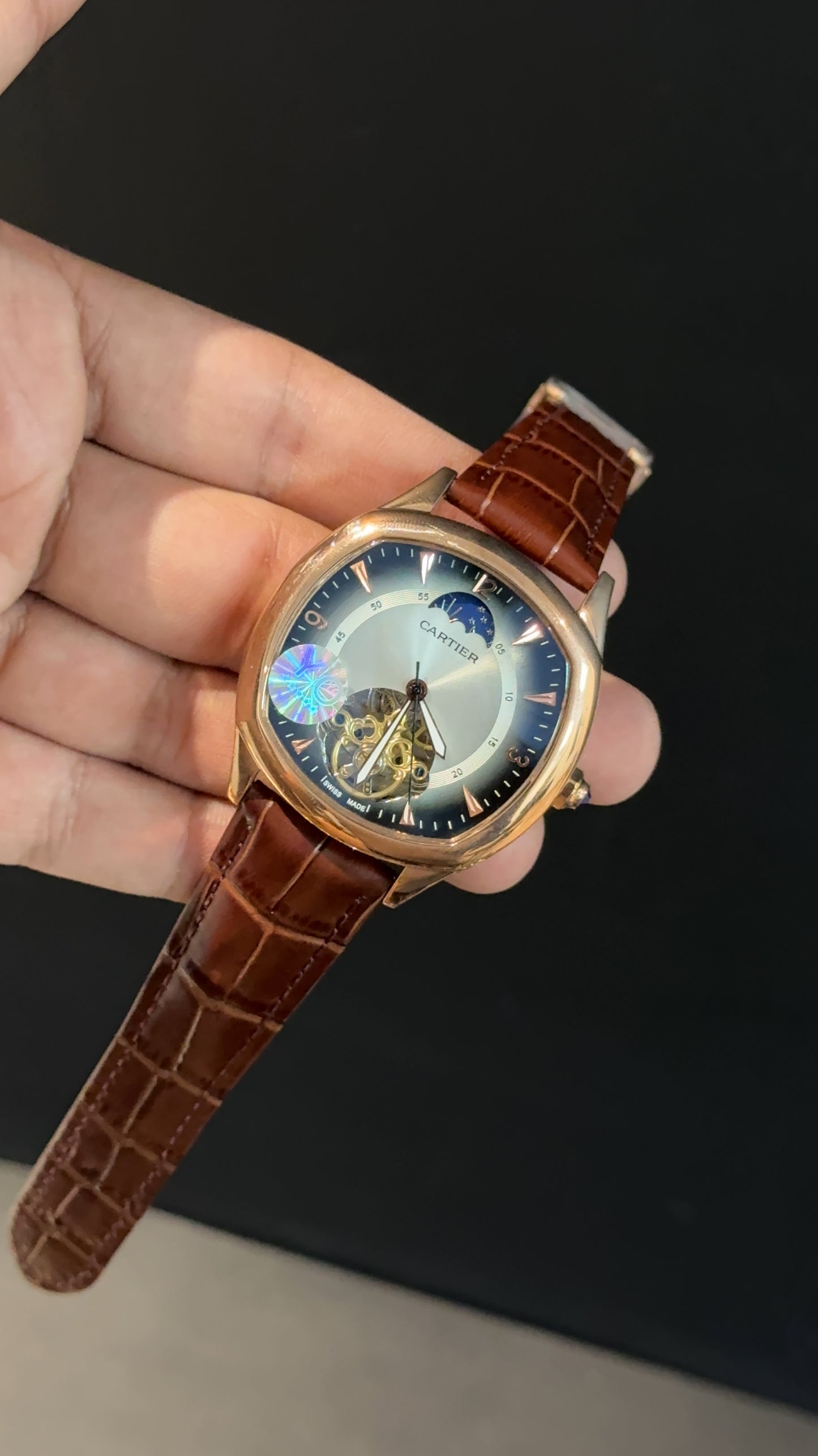 Cartier | Rose Square Bezel | Pendulum | MoonPhase | Brown Strap | Shady White Blue Dial
