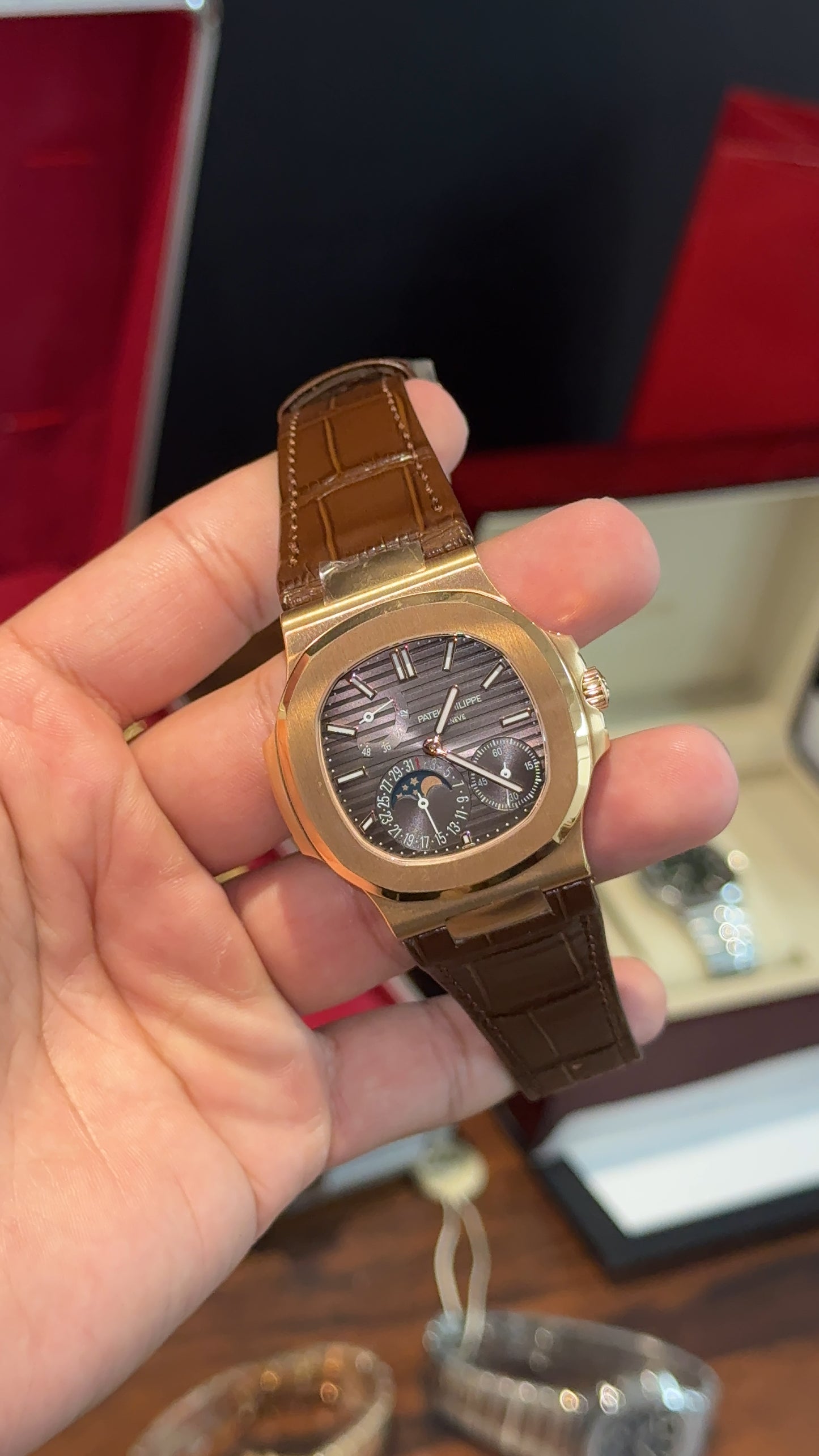 Premium Patek | Rose Case | Brown  Leather Strap | Chrono |  Grey Dial