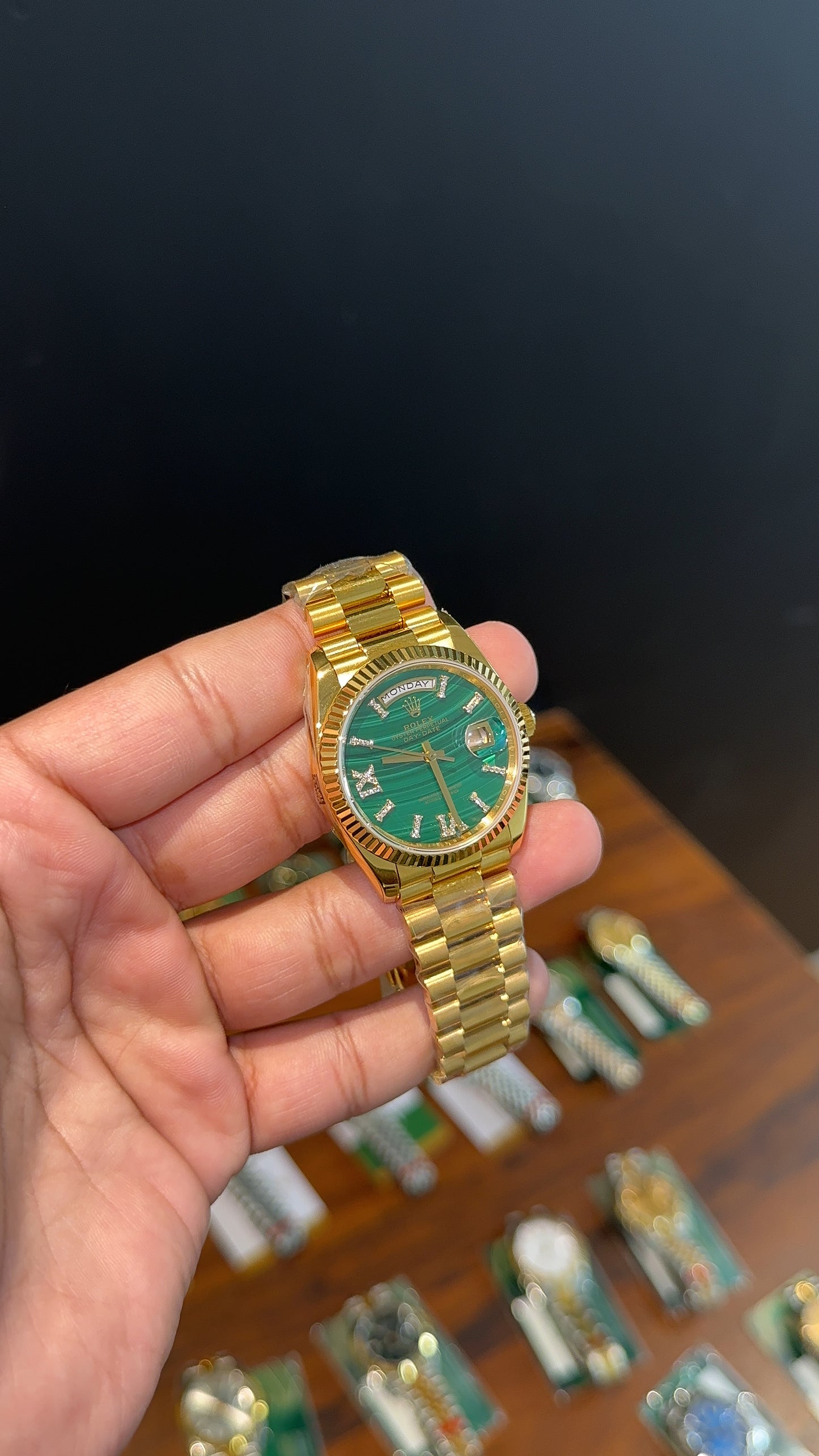 Premium Daydate | 36mm | Gold Chain | Platinum Green Diamond Roman Dial