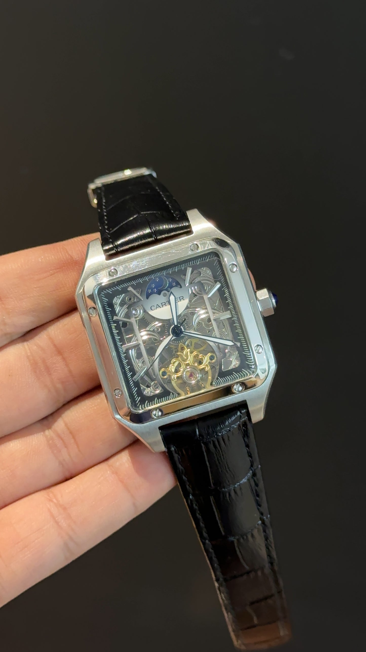 Cartier | Silver | Skeleton | Square Shape Case | Moonphase | Black Leather Strap | Grey Dial