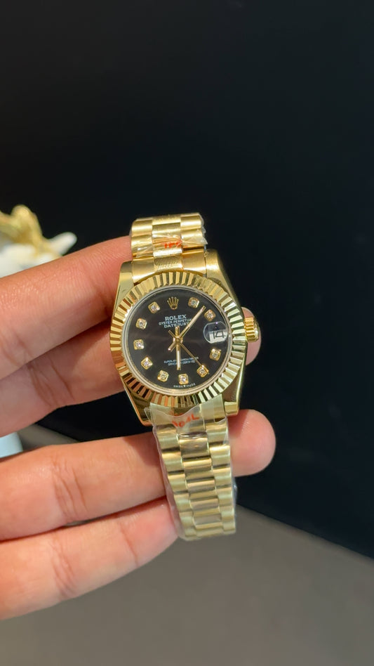 Datejust 27mm | Gold Chain | Gold Diamond Black Dial