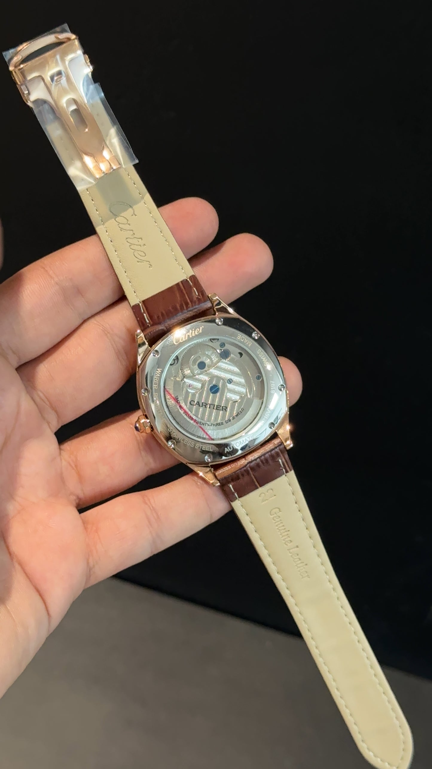 Cartier | Rose Square Bezel | Pendulum | MoonPhase | Brown Strap | Shady White Blue Dial