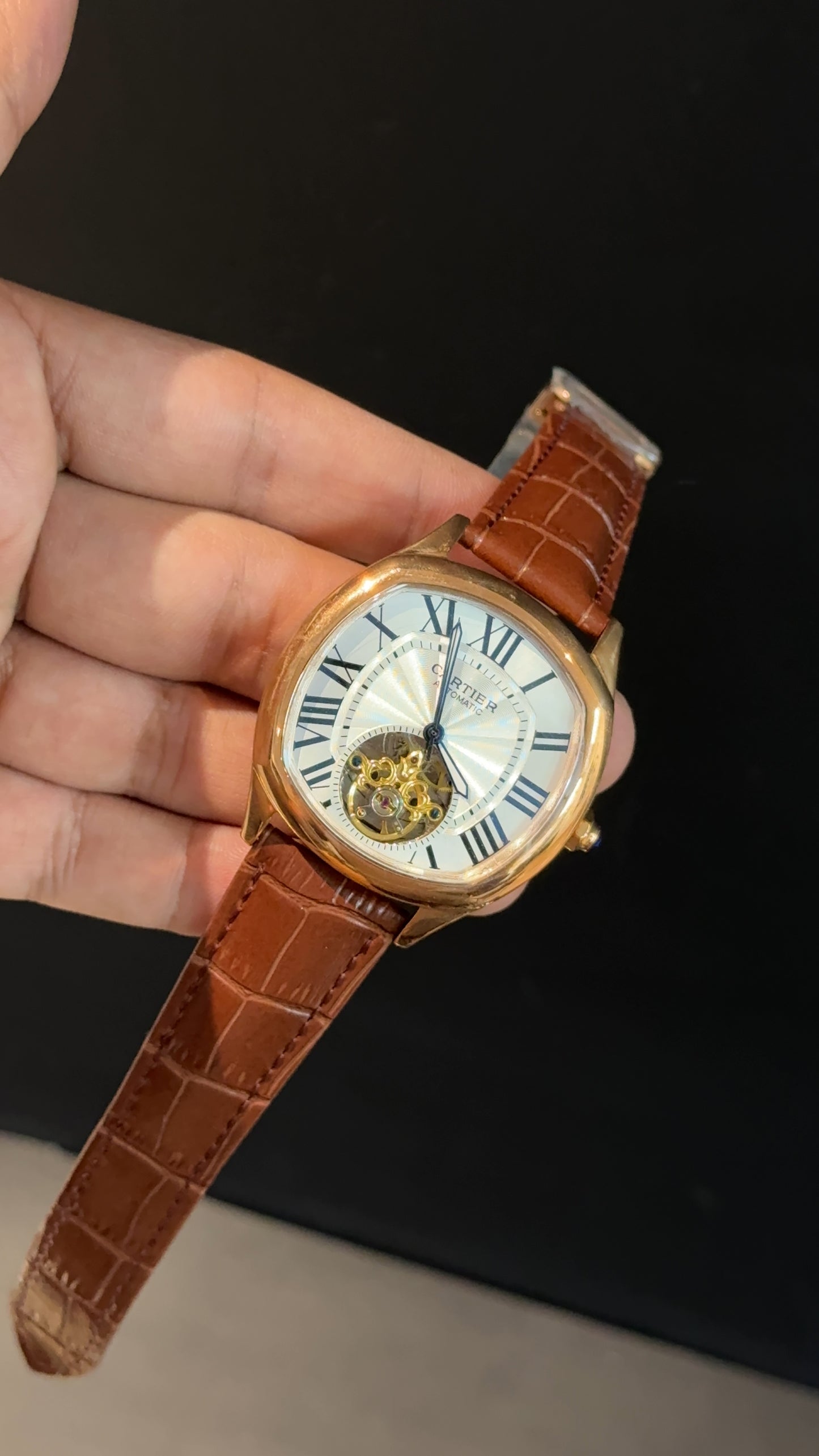 Cartier | Rose Square Bezel | Pendulum | Brown Strap | White Index Dial