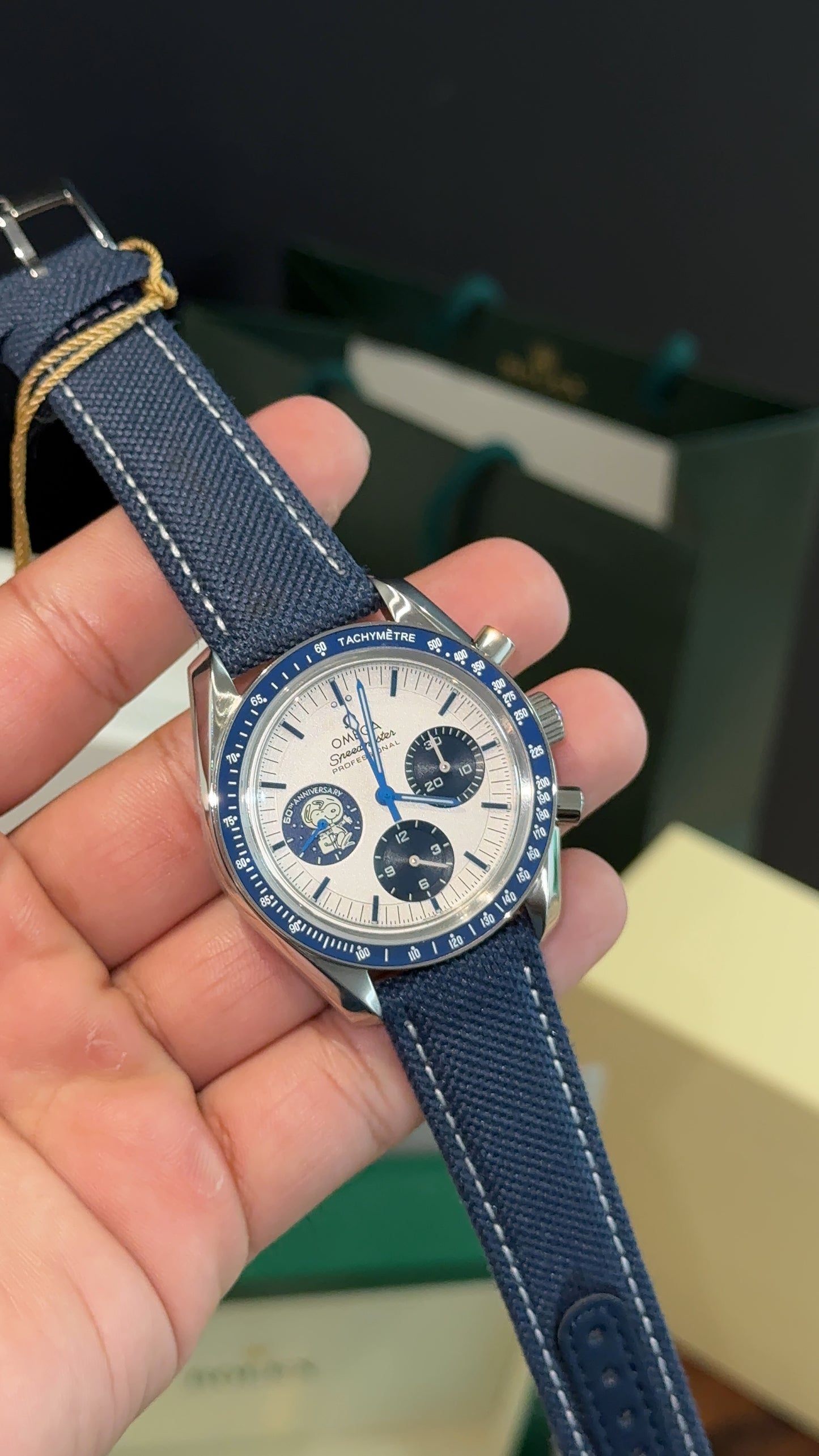 Premium Omega | Snoopy | Blue Fabric Strap | Chrono | White lDial