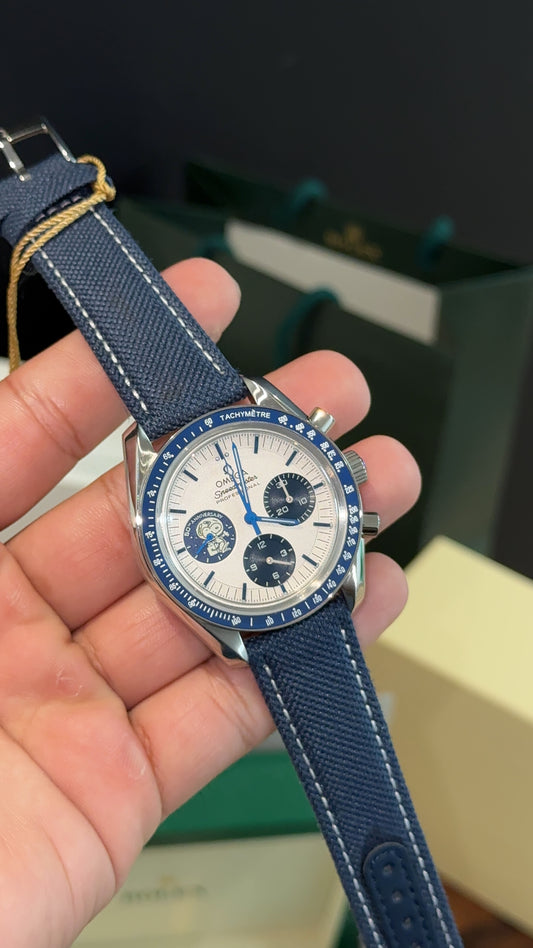 Premium Omega | Snoopy | Blue Fabric Strap | Chrono | White lDial