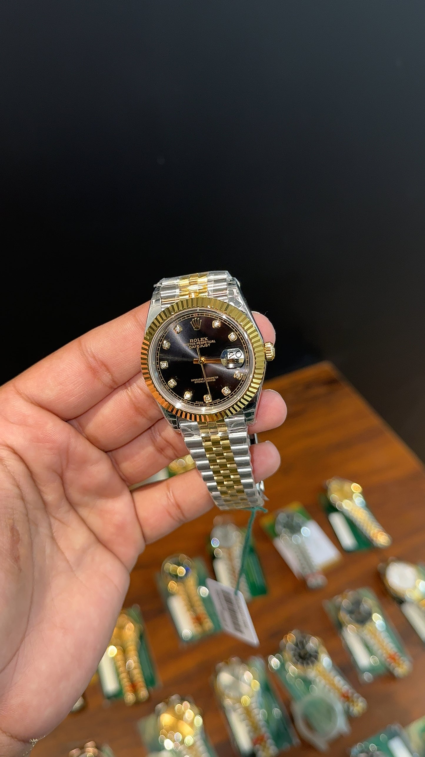 Premium Datejust | 40mm | Gold Two Tone Chain | Black Diamond Dial