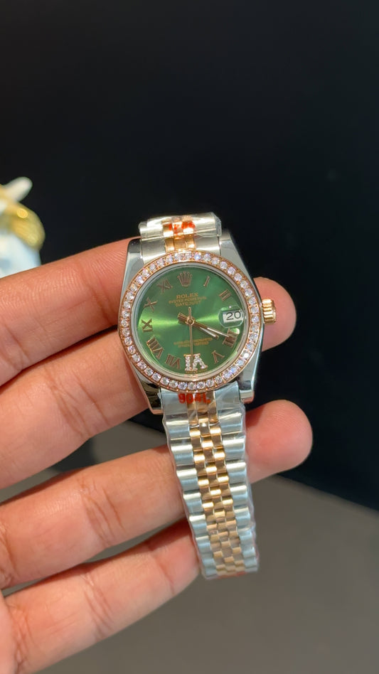 Datejust 27mm | Rose Two Tone Jubilee | Diamond Case | Rose Roman Green Dial