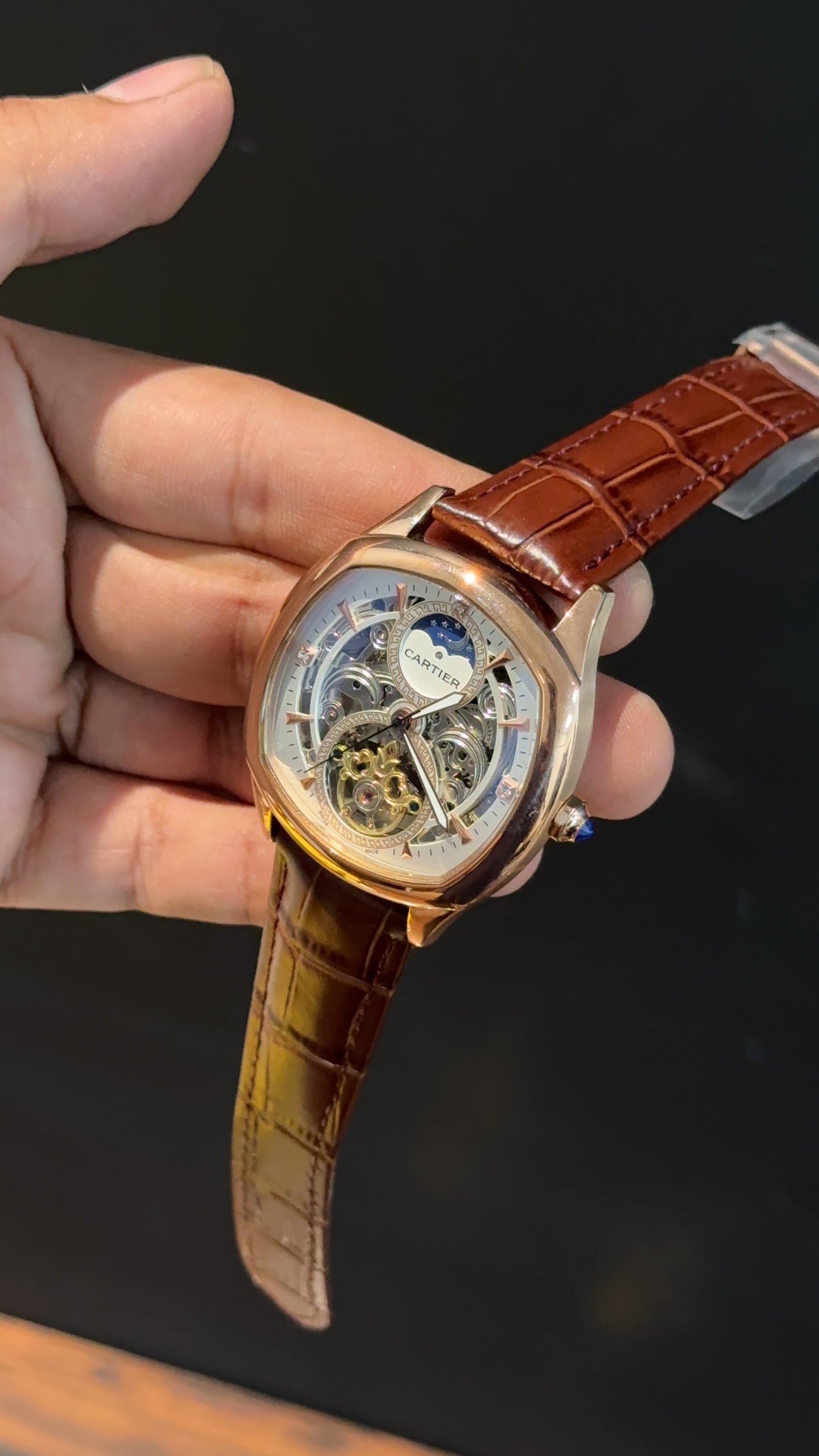 Cartier | Rose | Skeleton | Moonphase | Brown Leather Strap | White Dial