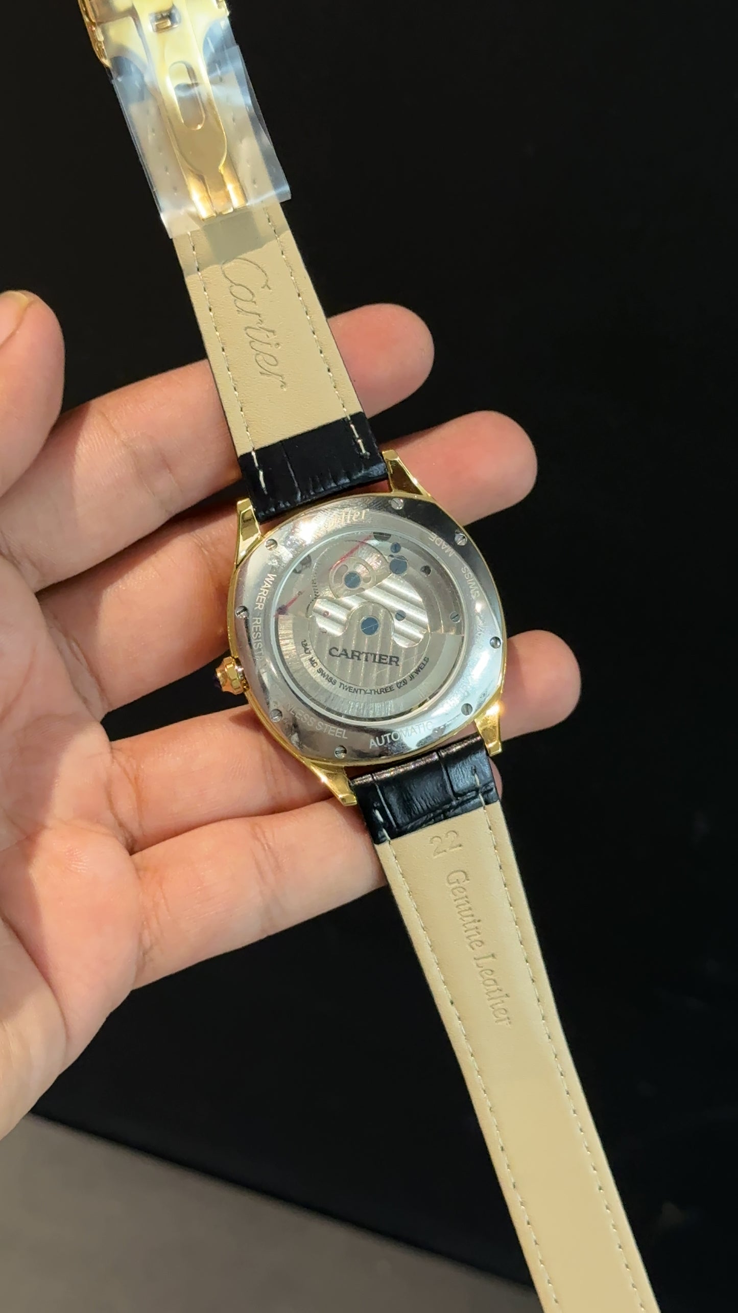 Cartier | Gold Square Bezel | Pendulum | Moonphase | Black Strap | Shady Green Blue Dial