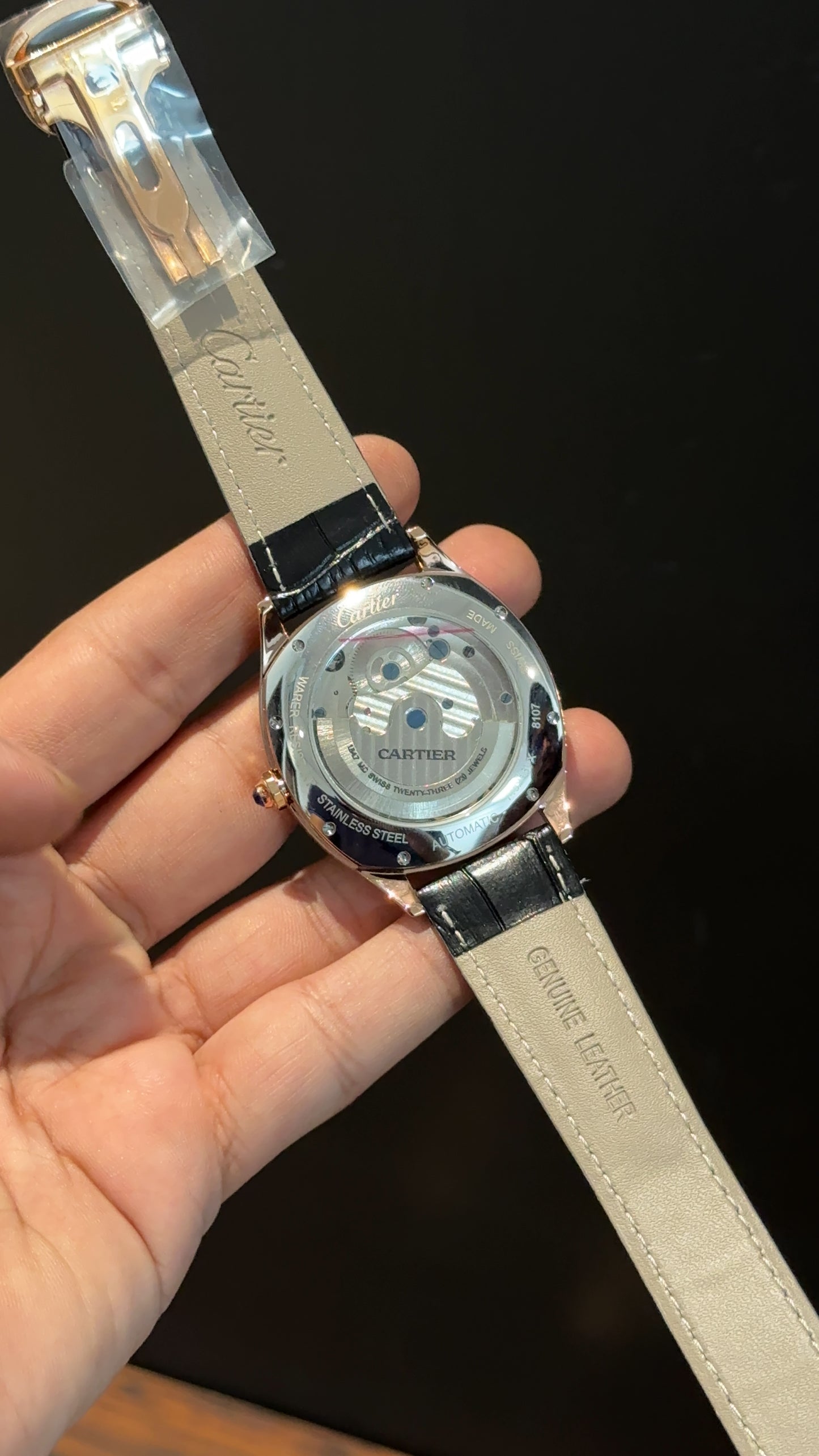Cartier | Rose | Skeleton | Oval Shape Case | Moonphase | Black Leather Strap | Black Dial