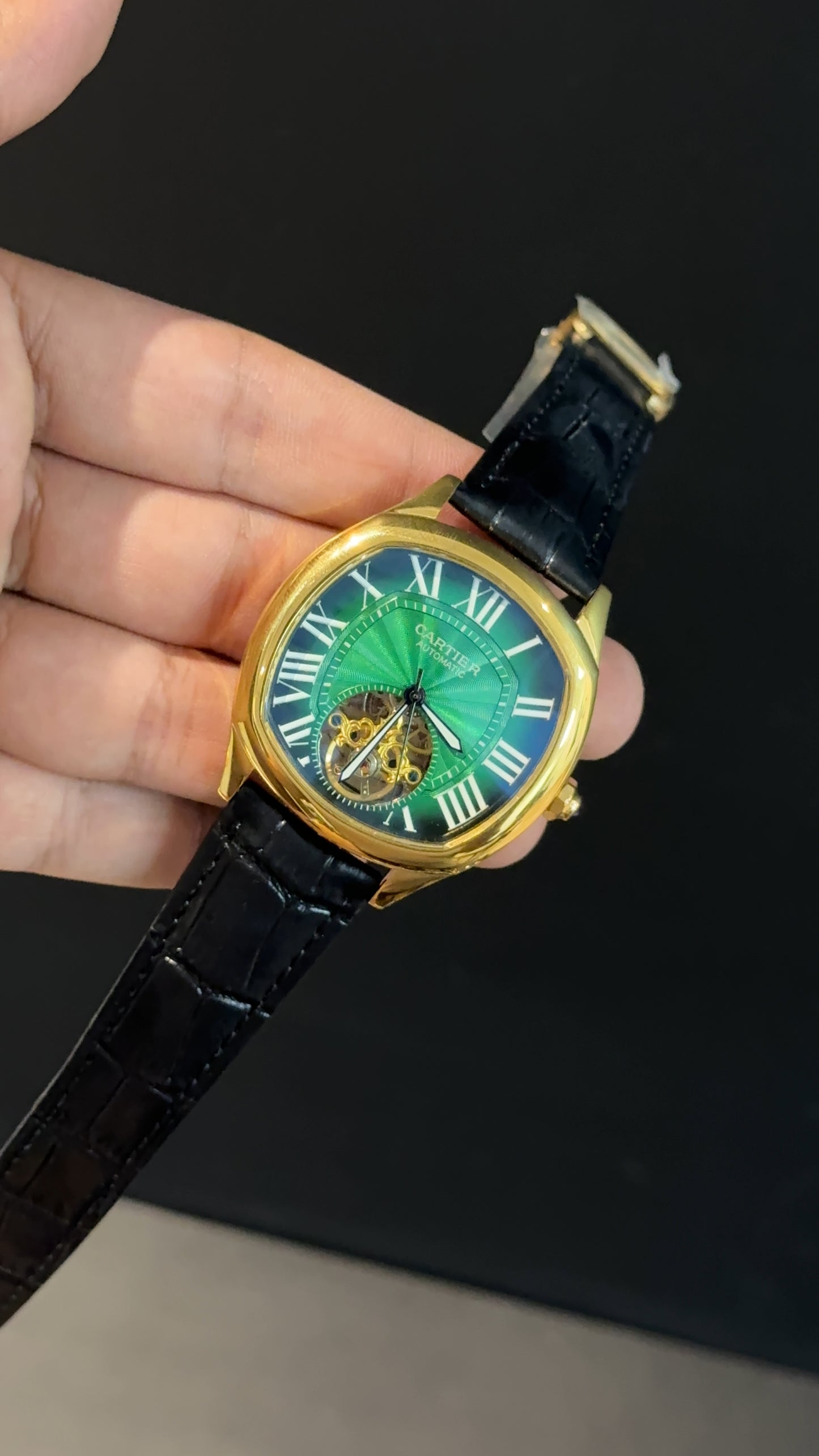 Cartier | Gold Square Bezel | Pendulum | Black Strap | Shady Green Blue Dial