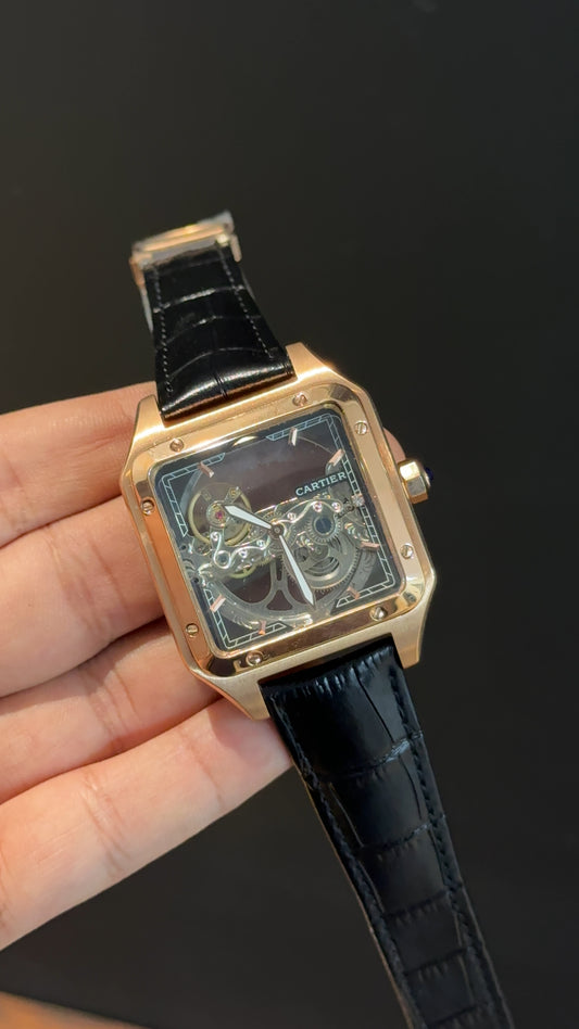 Cartier | Rose | Skeleton Machine | Square Shape Case | Black Leather Strap | Grey Dial