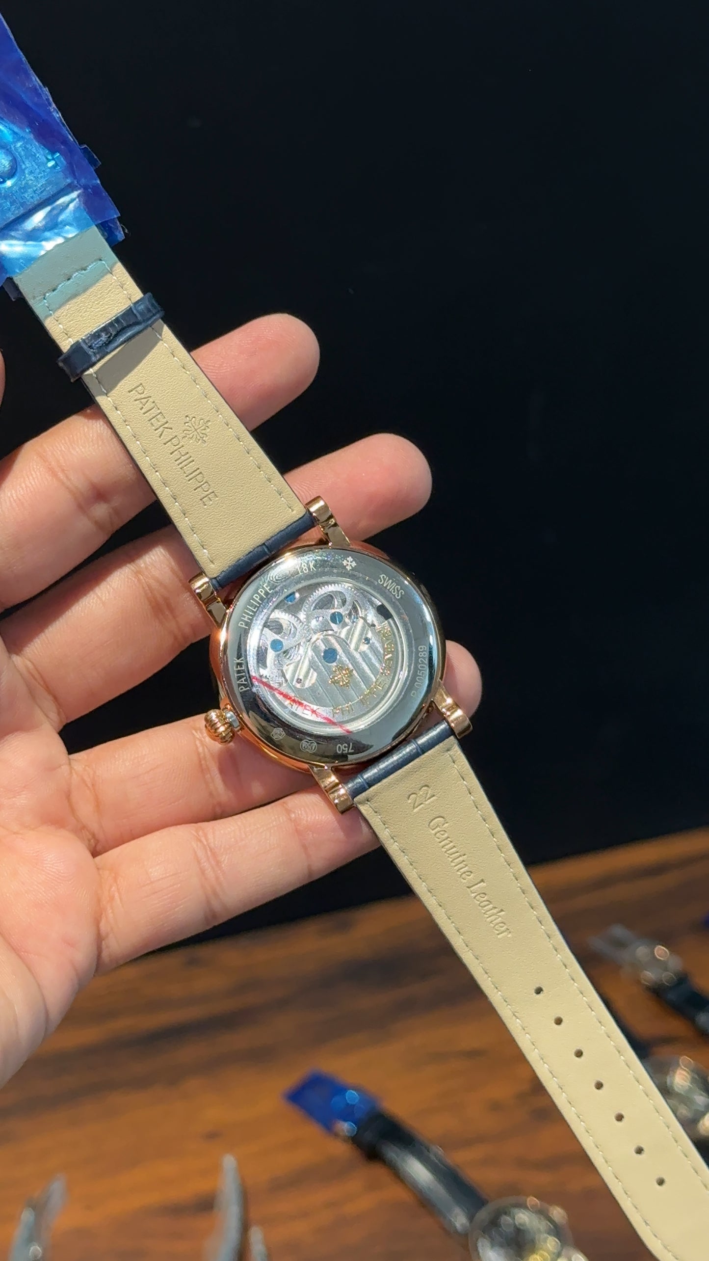 Patek Rose | Moonphase | Yellow Pendulum | Blue Leather Strap | Grey Machine | Blue Dial