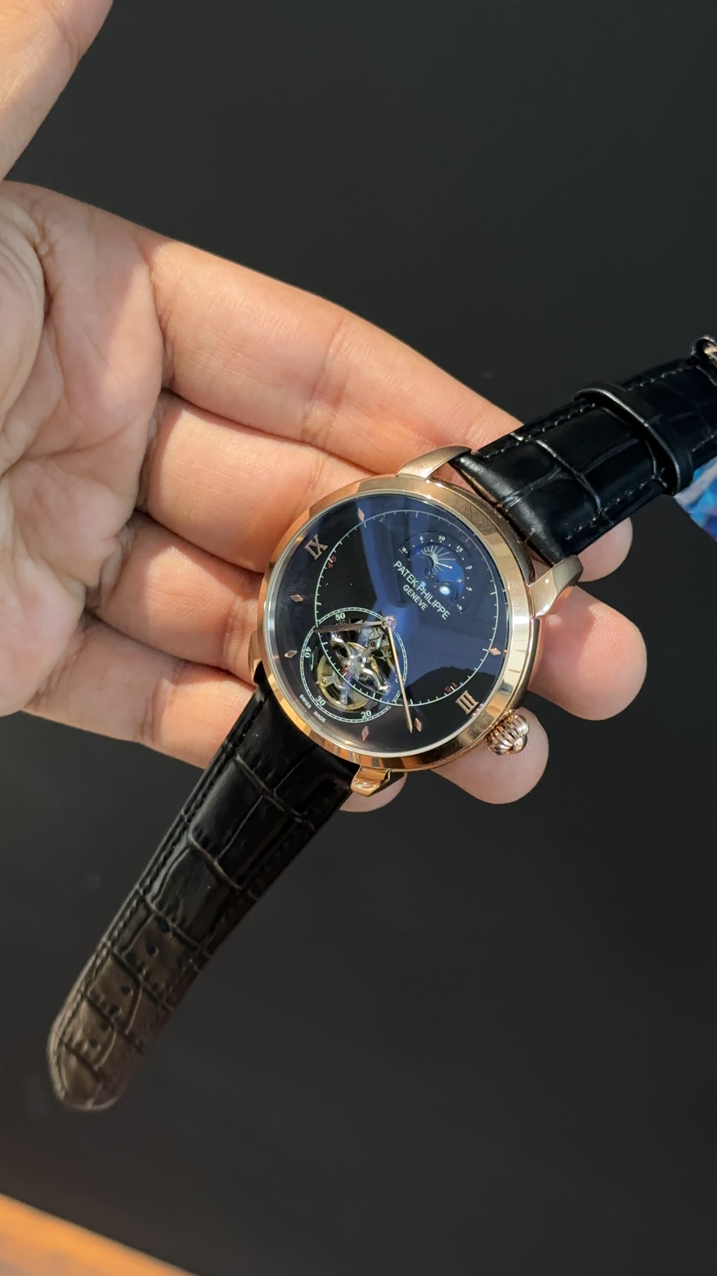 PP Auto | Rose | Pendulum | MoonPhase | Black Leather Strap | Black Textured Dial