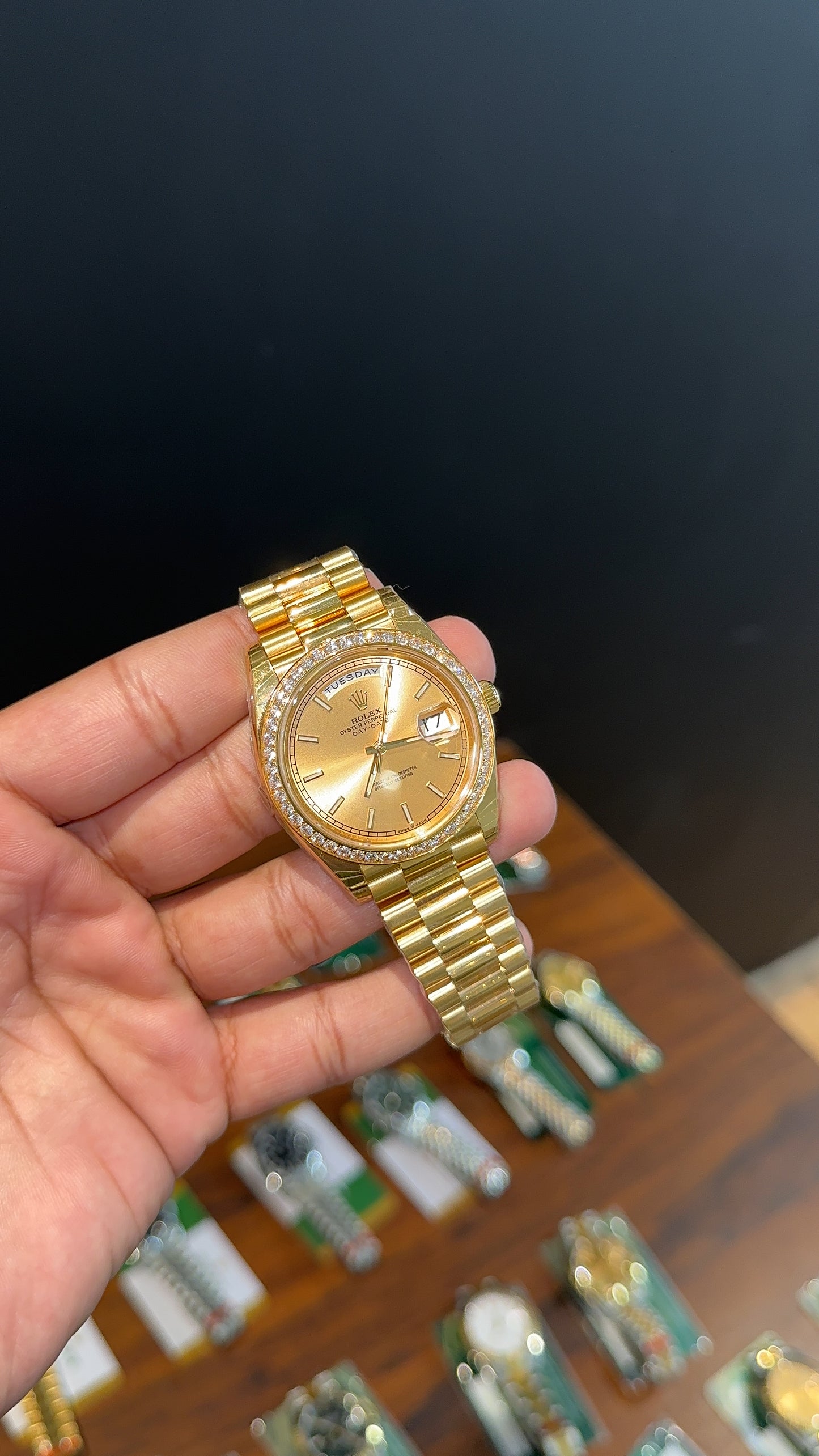 Premium Daydate | 40mm | Diamond Bezel | Gold Chain | Gold Dial
