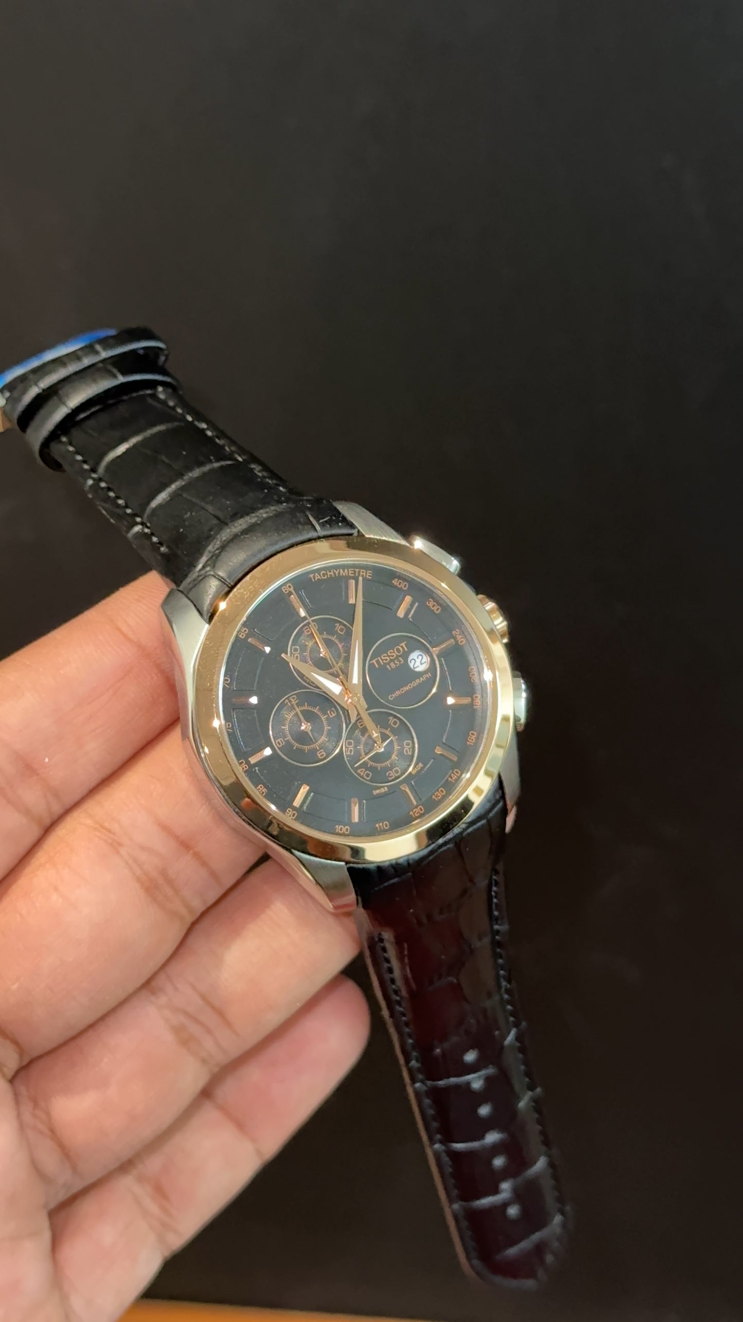Tissot | Rose Bezel | Chrono | Black Leather Strap | Black Dial