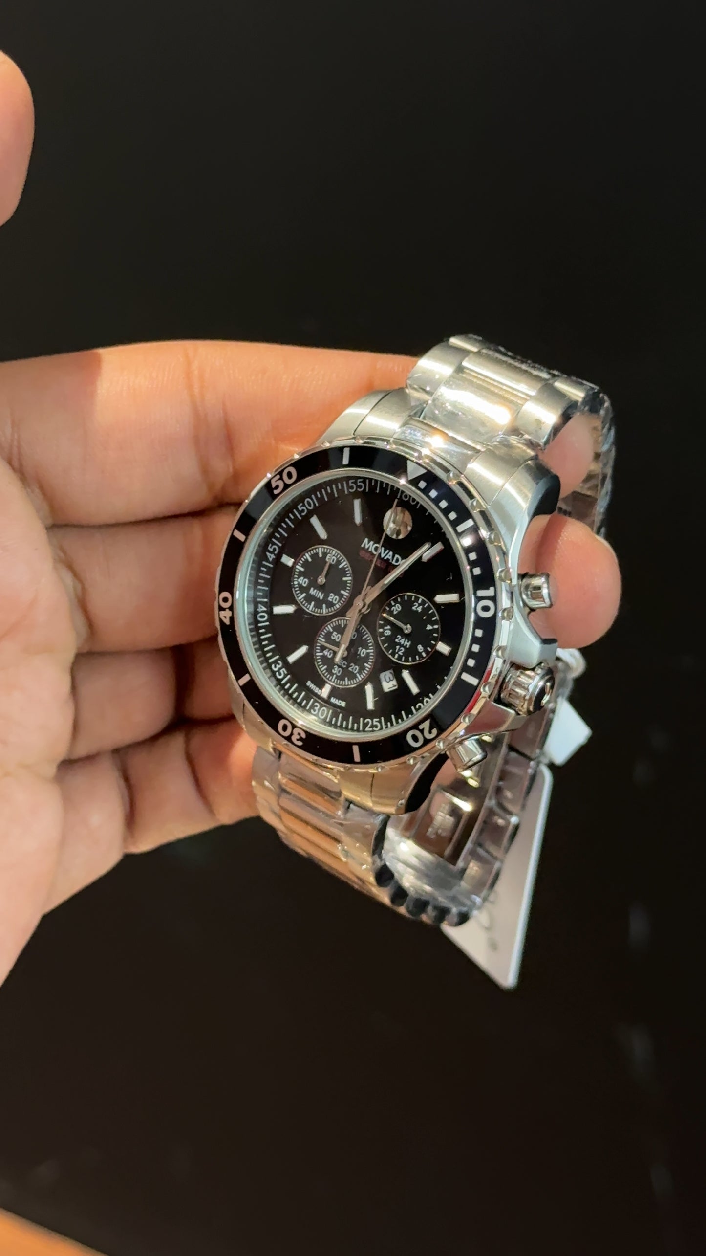Movado | Silver Chain | Black Bezel | Chrono | Black Dial
