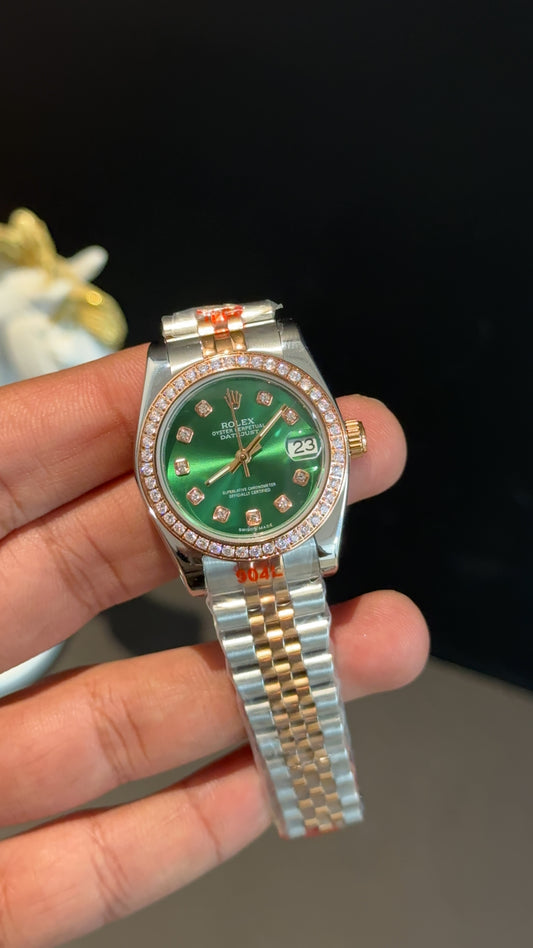 Datejust 27mm | Rose Two Tone Jubilee | Diamond Case | Diamond Digit Green Dial