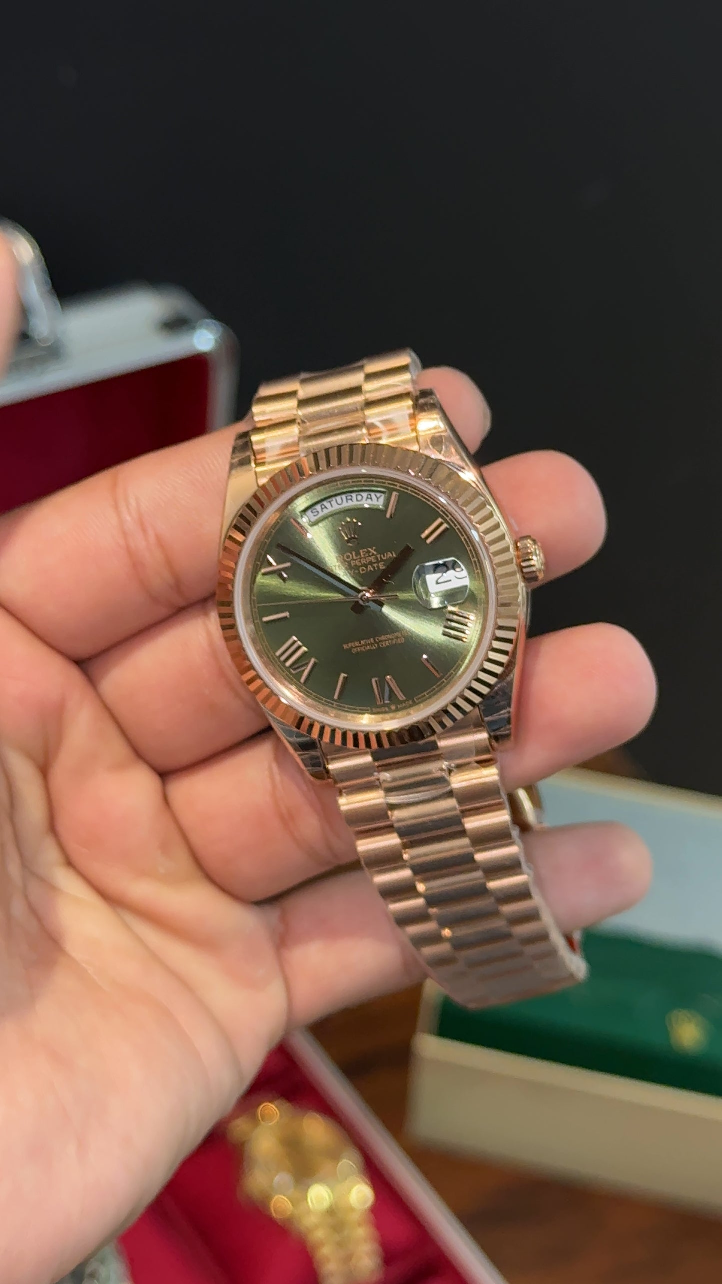 Premium Daydate | 40mm | Rose Chain | Olive Green Dial