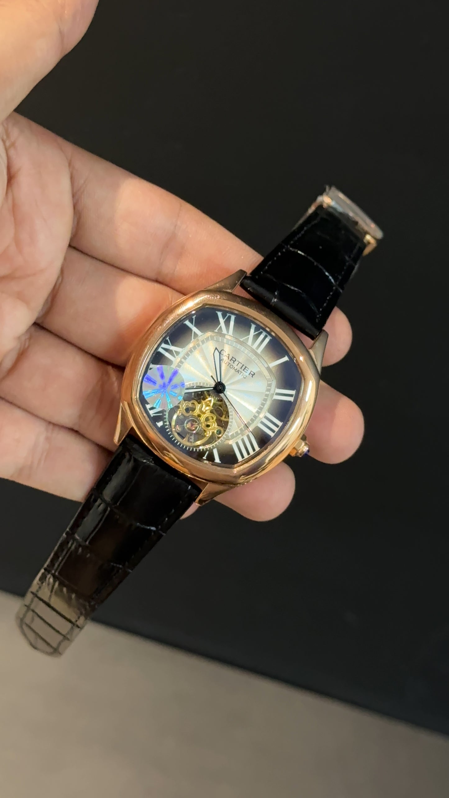 Cartier | Rose Square Bezel | Pendulum | Black Strap | Shady White Index Dial
