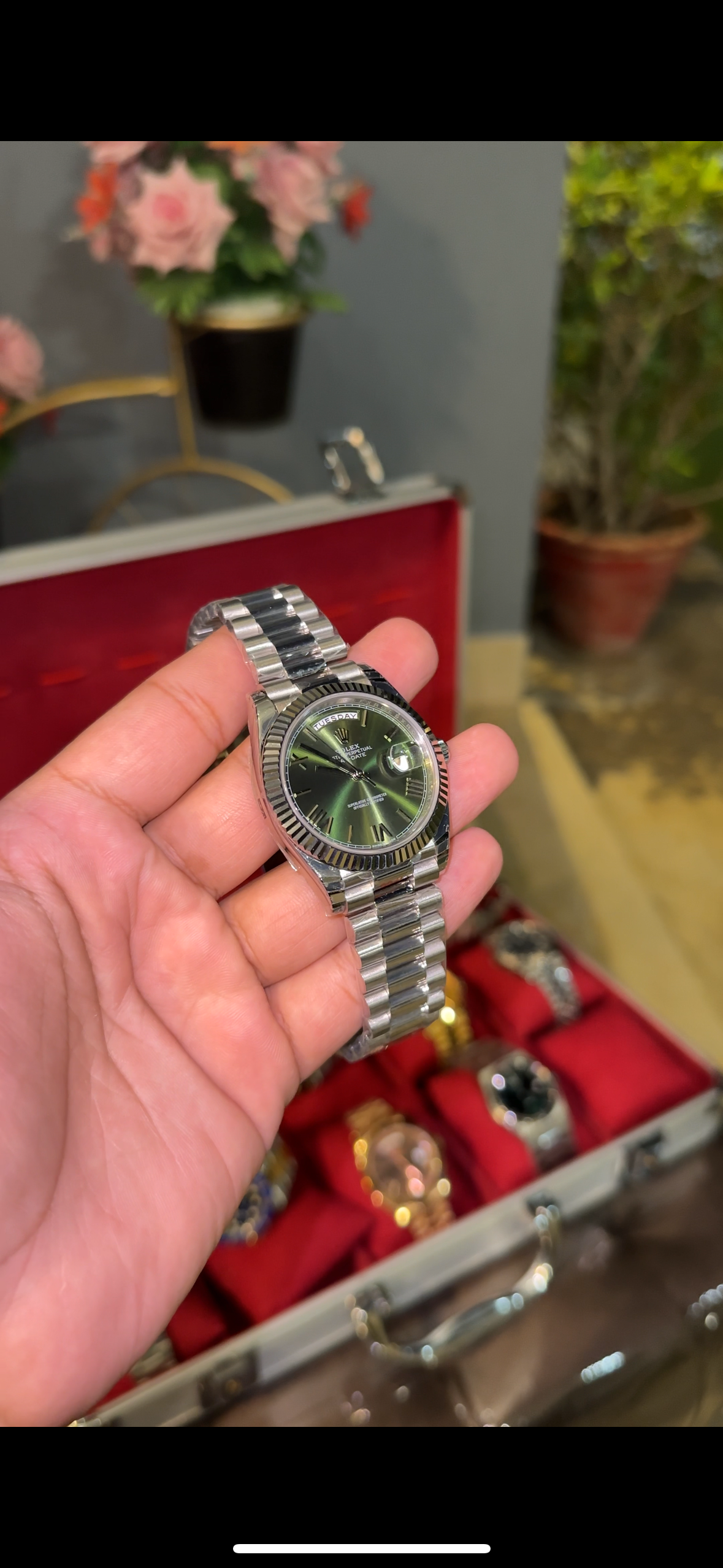 Premium Daydate | Silver Chain | Olive Green Dial