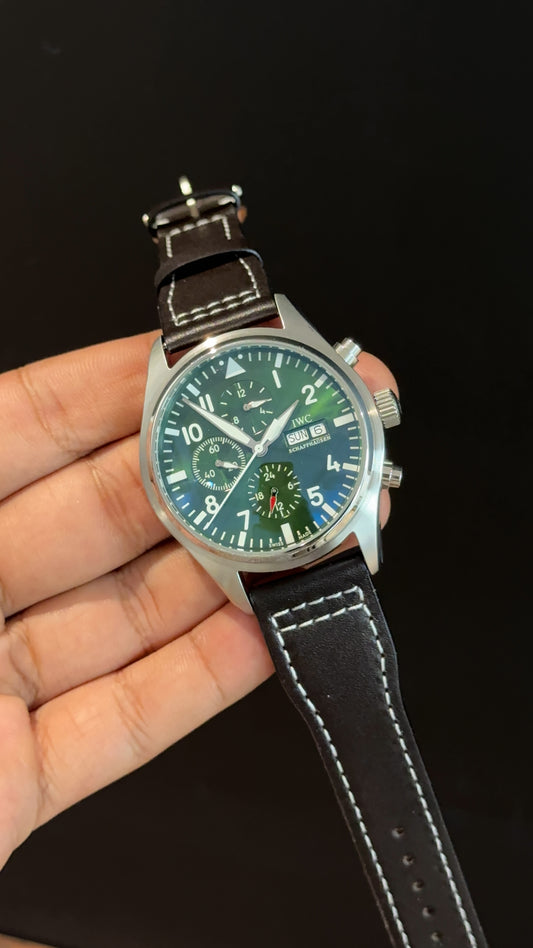 IWC | Black Leather Strap | Silver Case | Chrono | Greenish Dial
