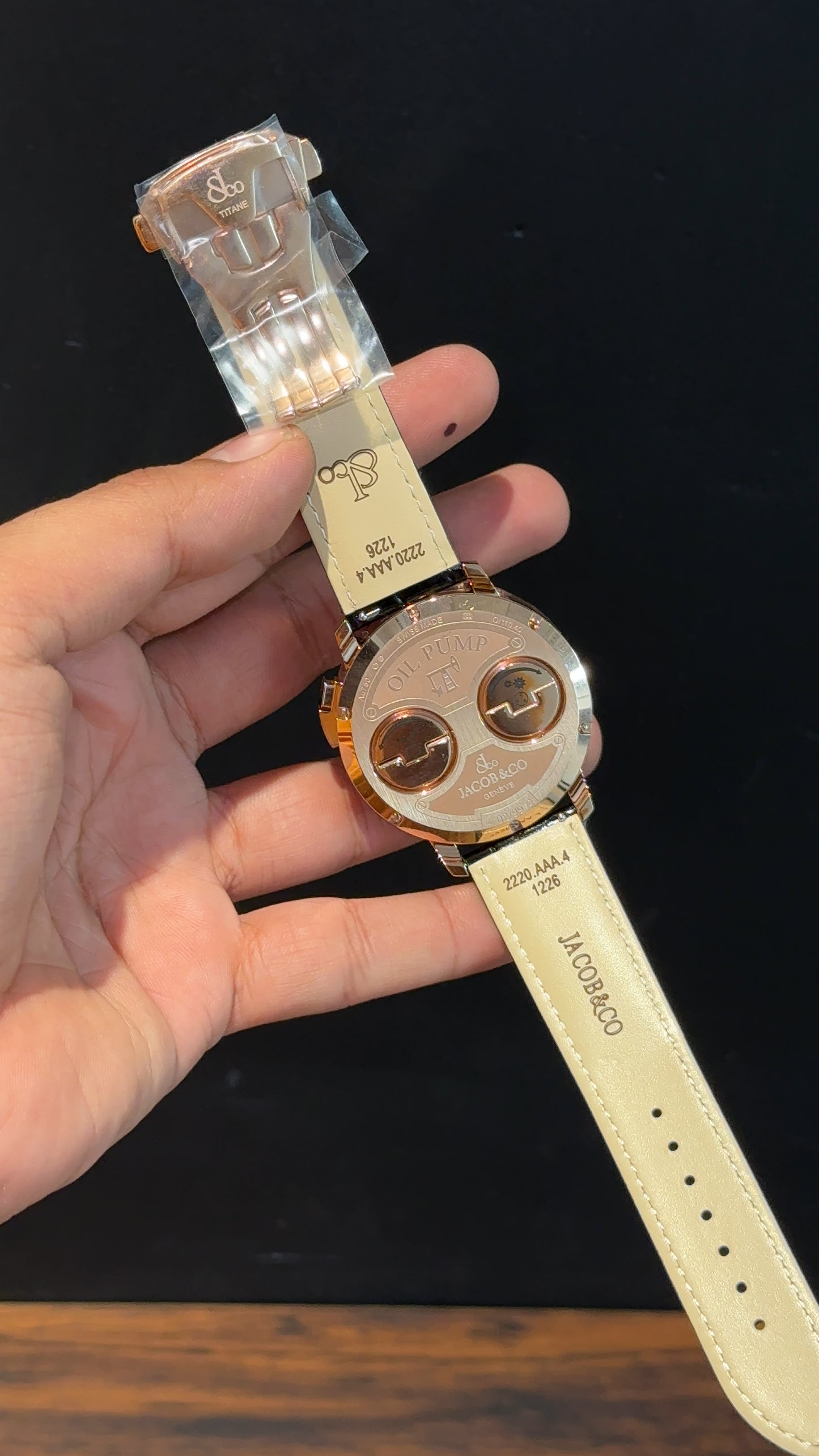 Executive Jacob And Co | Rose Case | Oil Pump Edition | Black Leather Strap | Black Dial