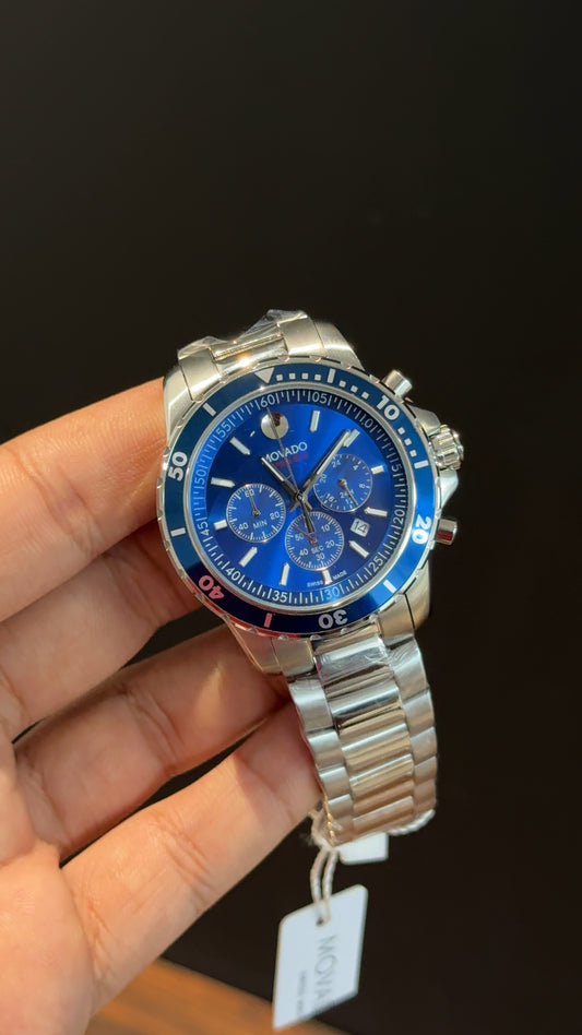 Movado | Silver Chain | Blue Bezel | Chrono | Blue Dial