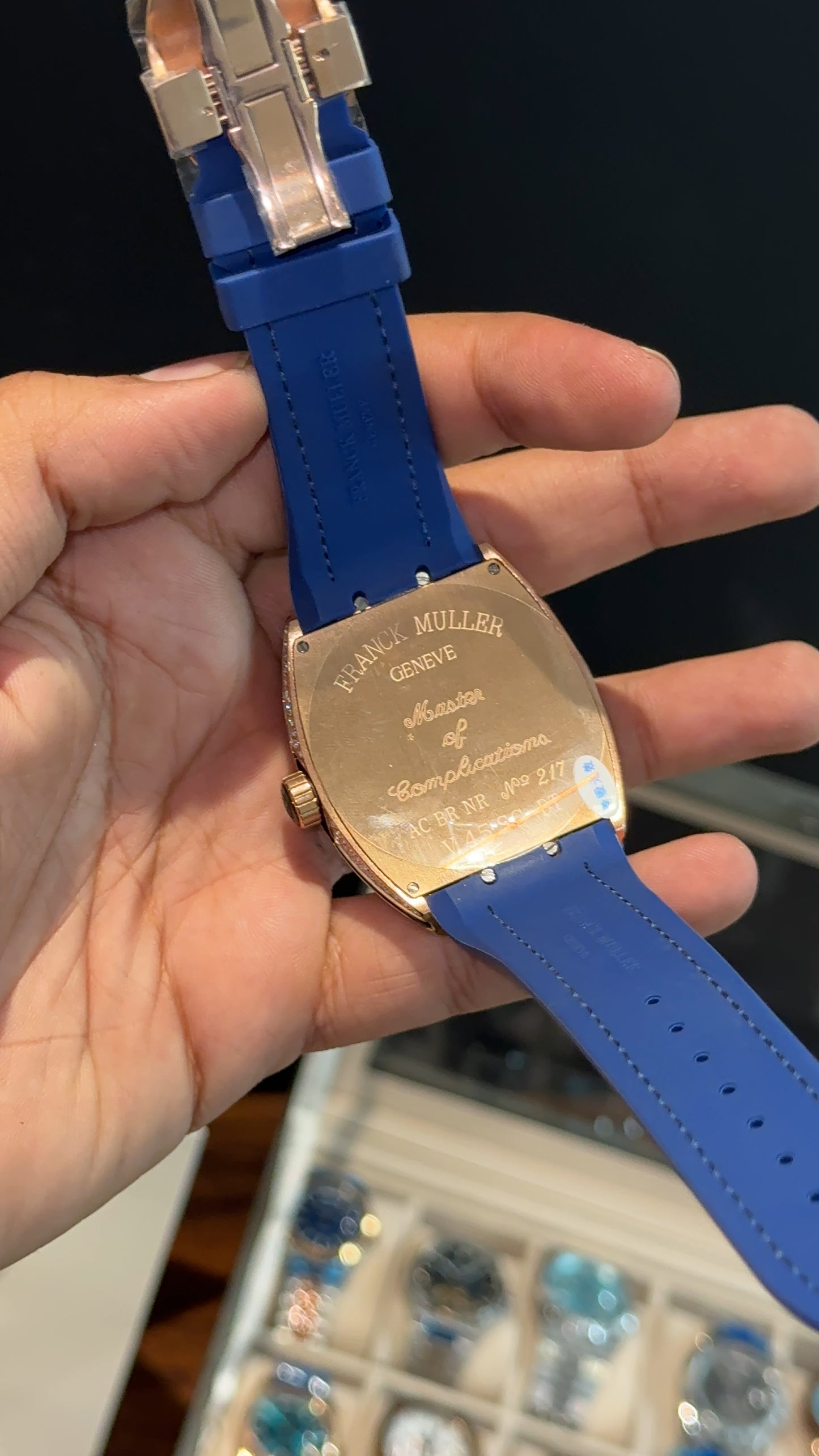 Premium Franck Muller | Vanguard V45 Edition | Yachting Rose Diamond Case | Blue Leather Strap | Blue Dial